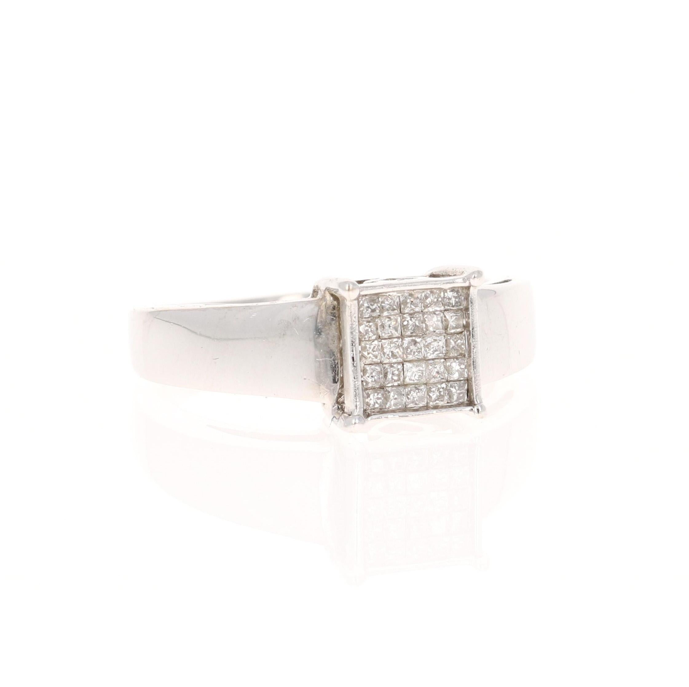 This ring has 25 Princess cut diamonds that weigh 0.50 carats. 
It is made in 14 Karat White Gold and weighs approximately 3.9 grams. 

The ring is a size 7 and can be re-sized at no additional charge. 