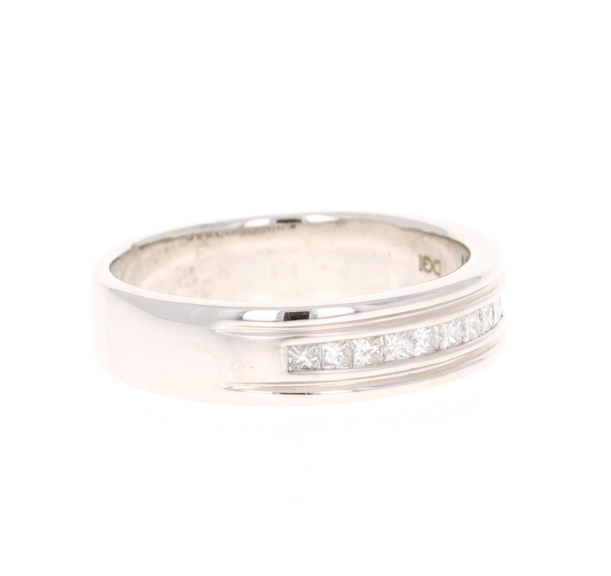 This Men's Band has 11 Princess Cut Diamonds that weigh 0.50 Carats.  The width of the band is 6 mm. 

It is crafted in 14 Karat White Gold and weighs approximately 7.4 grams. 

The ring is a size 10 and can be re-sized, free of charge.

