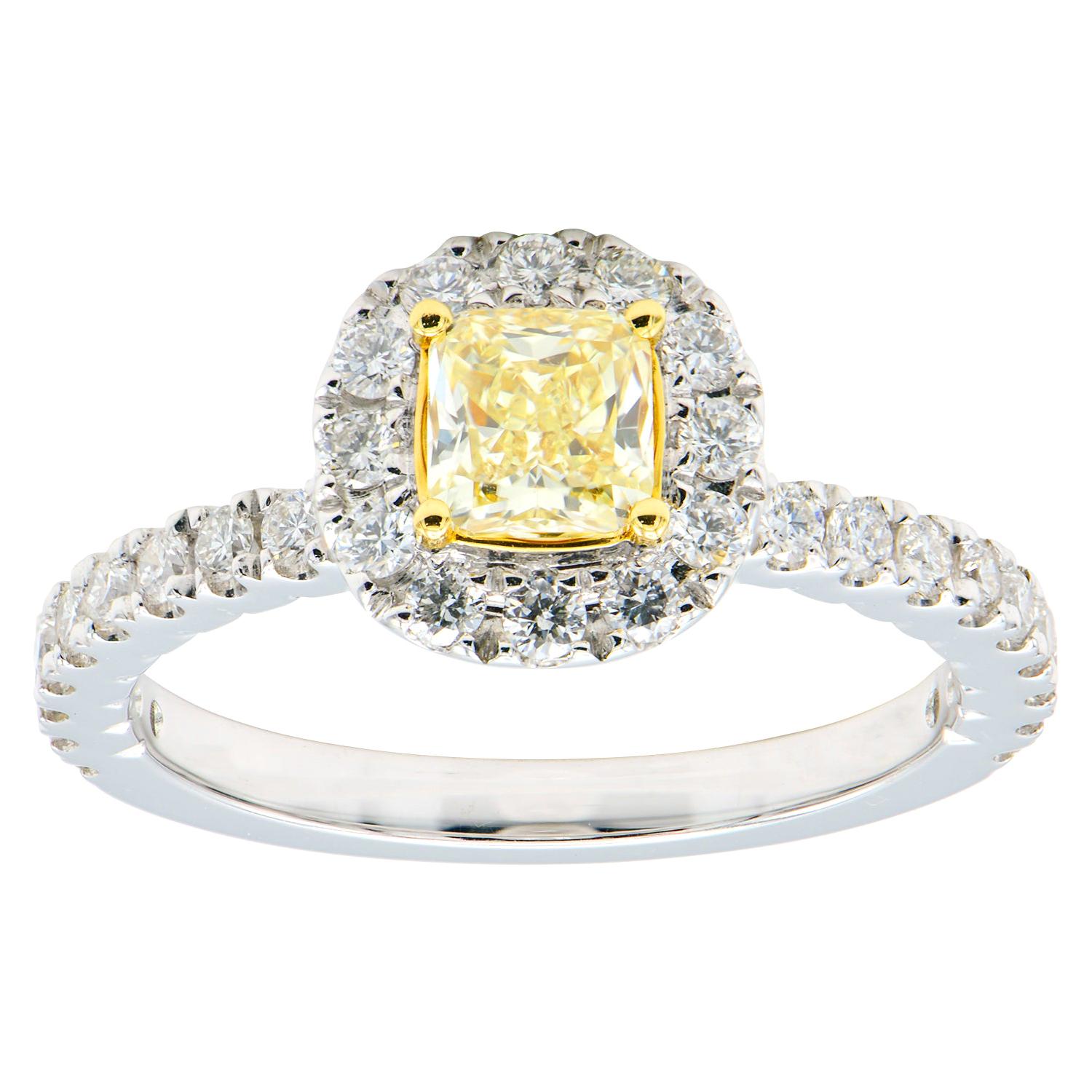 0.50 Carat Radiant Cut Yellow Diamond Ring with Diamond Halo and Band