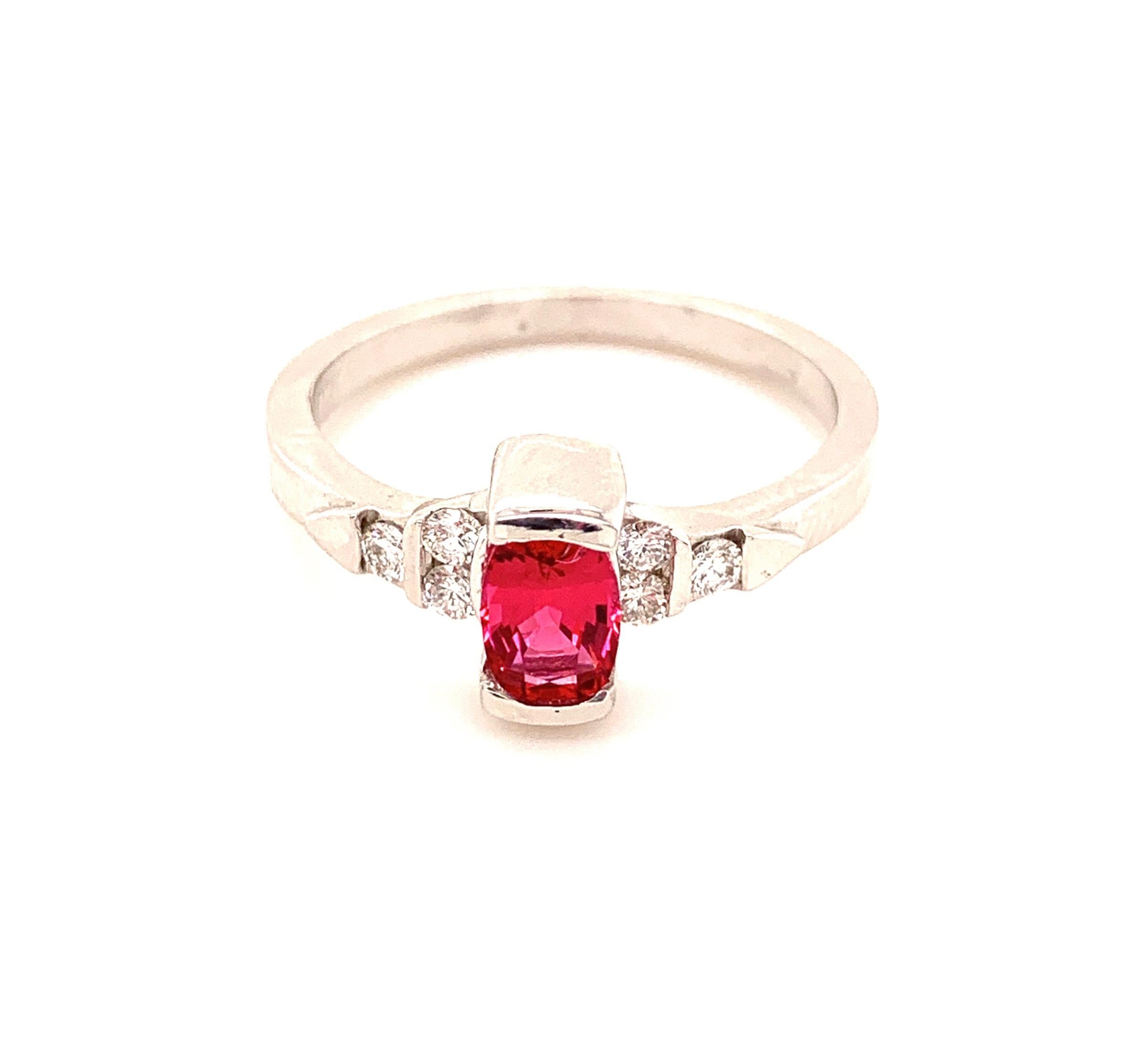 A few years ago it was easy to find some beautiful red Spinels from Burma. In the last 3 years we have a hard time  finding new material in this nice bright red. 
The stone in this ring, weighing only 1/2 carat, but can't get overlocked because of