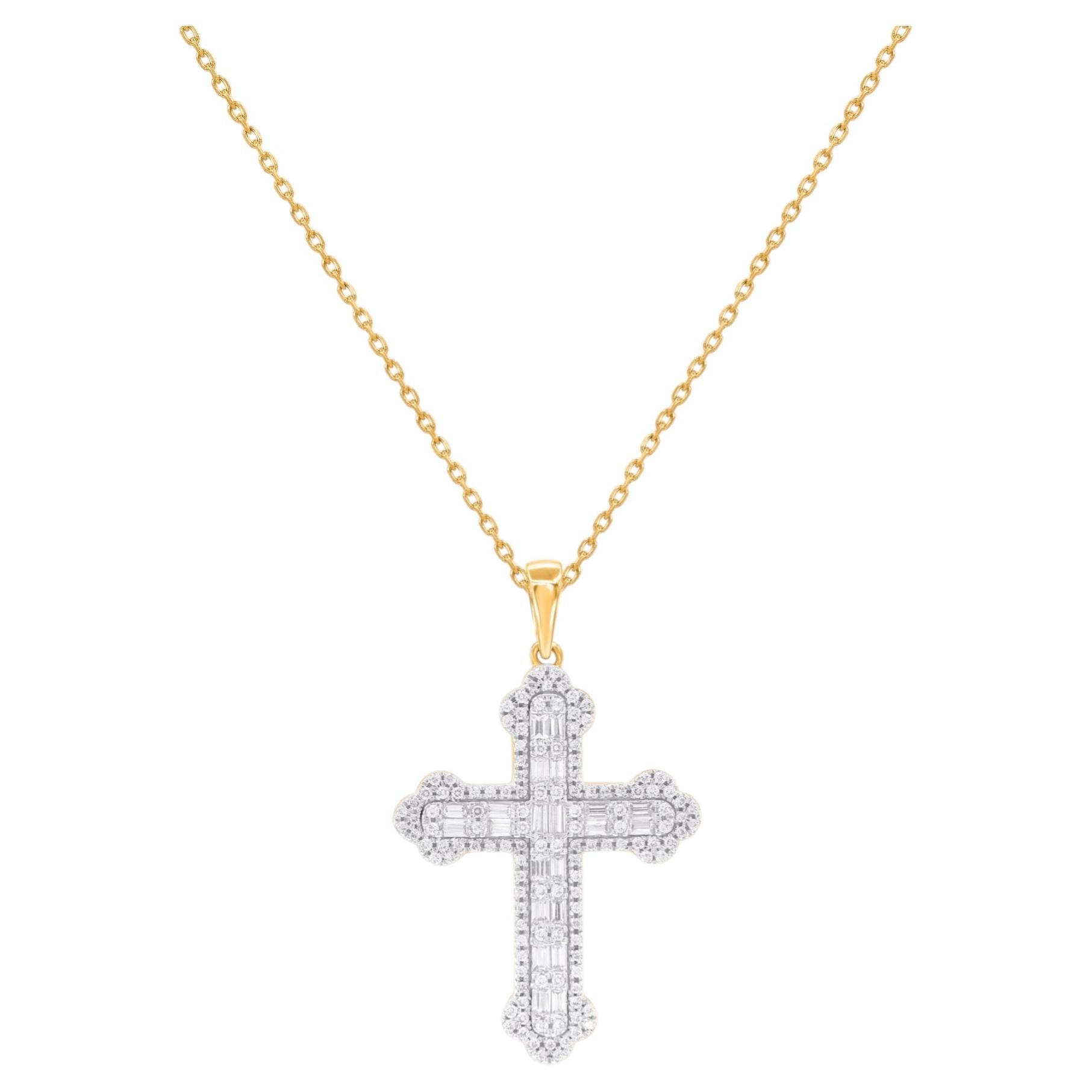0.50 Carat Round and Baguette Diamond Cross Pendant in 14K Yellow Gold
