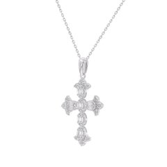 Pendentif croix en or blanc 14 carats avec diamants ronds et baguettes de 0,50 carat