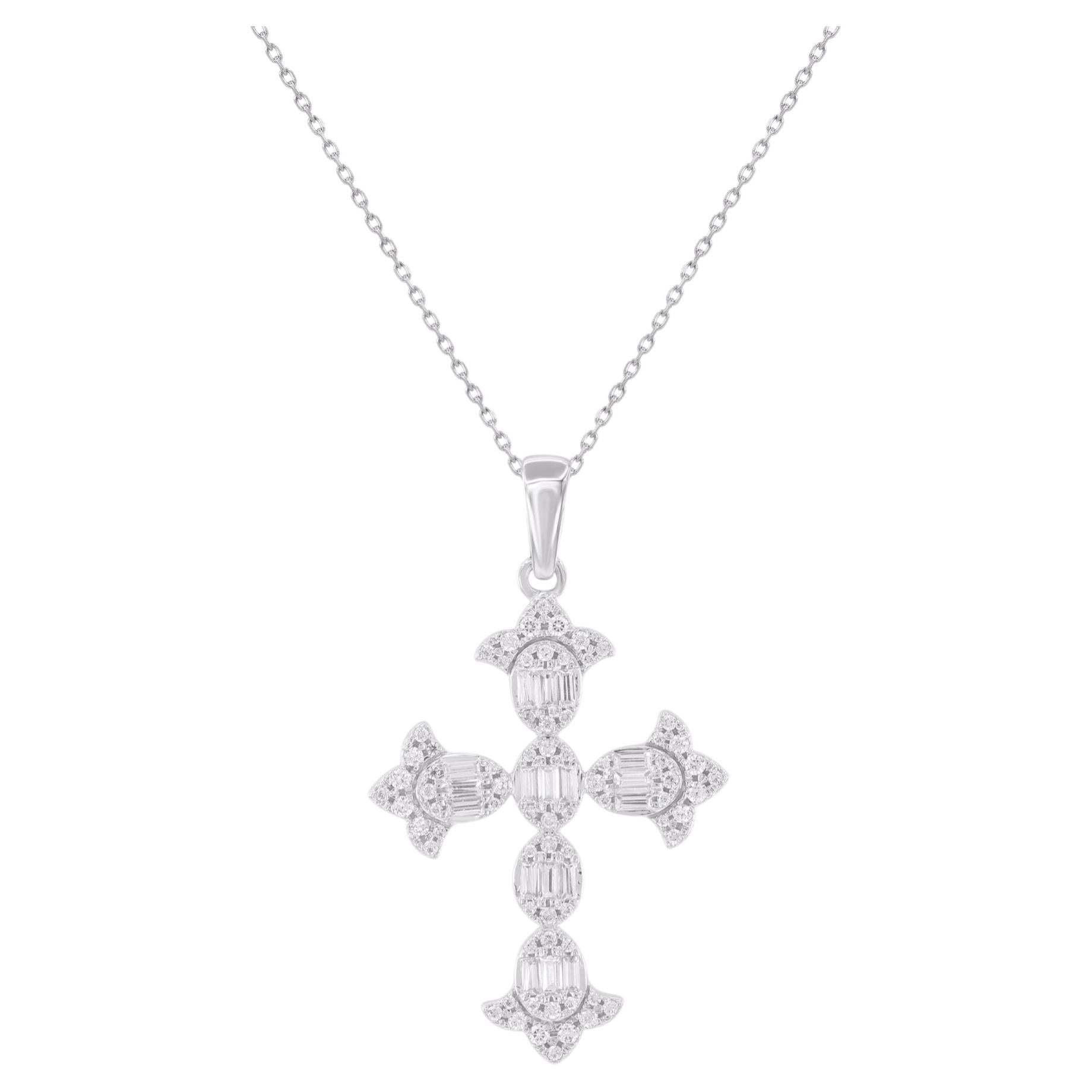 0.50 Carat Round & Baguette Diamond Cross Pendant in 14 Karat White Gold