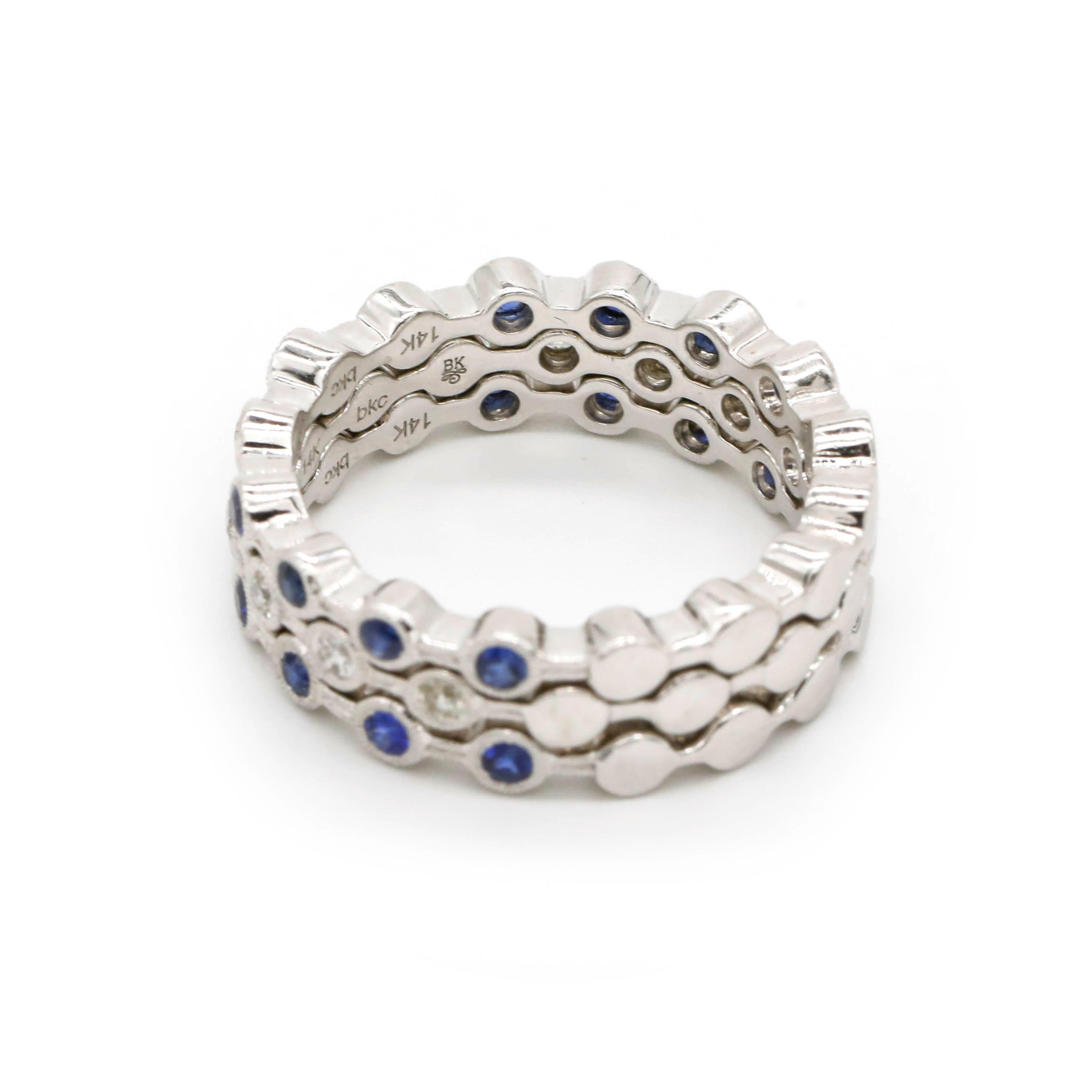 Modern 0.50 Carat Round Cut Diamond Blue Sapphire 14k White Gold Eternity Band Ring For Sale