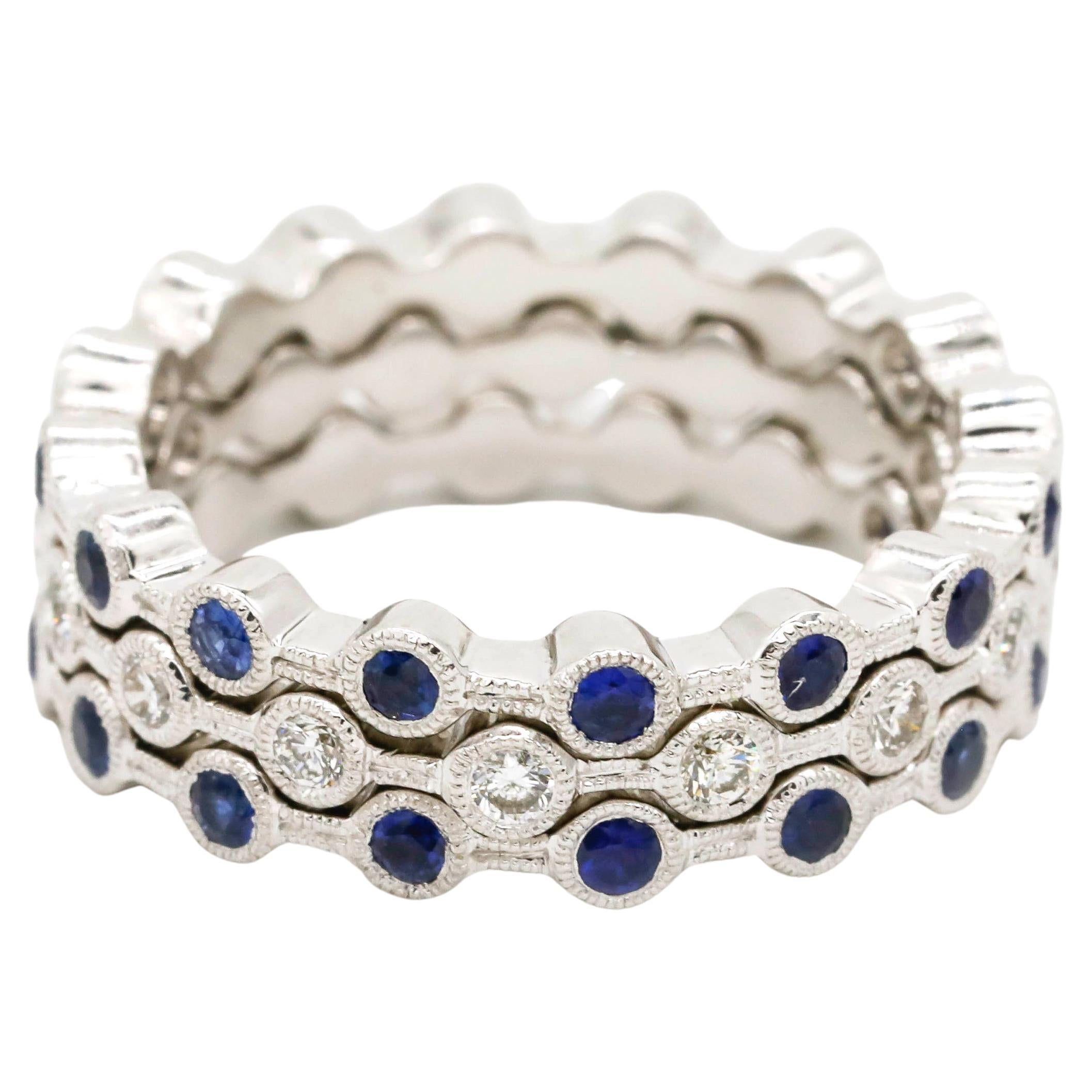 0.50 Carat Round Cut Diamond Blue Sapphire 14k White Gold Eternity Band Ring For Sale