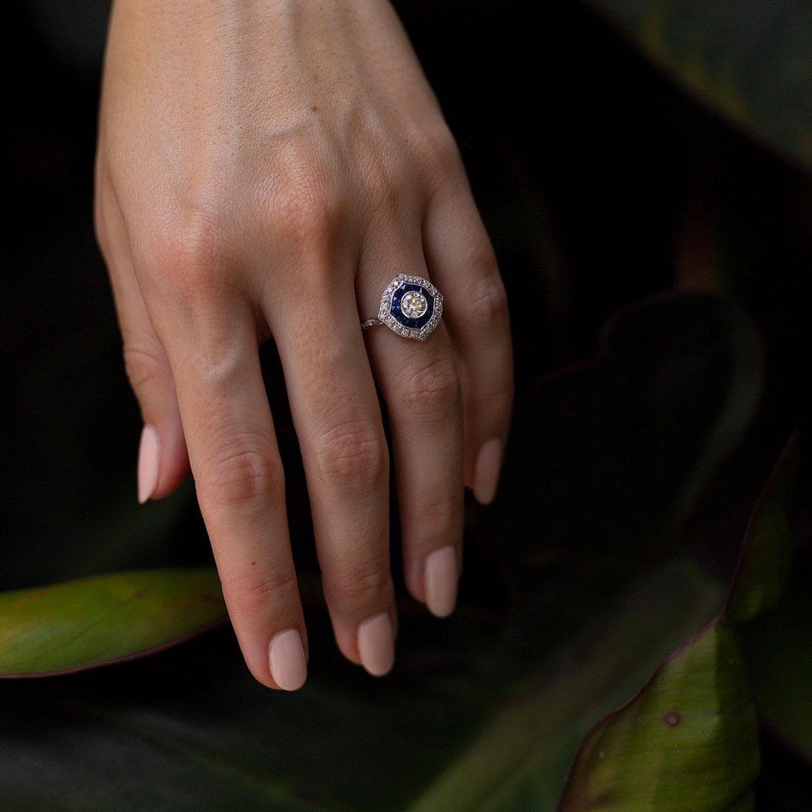 0.50 Carat Round Diamond and Blue Natural Sapphire 18 Carat White Ring 6