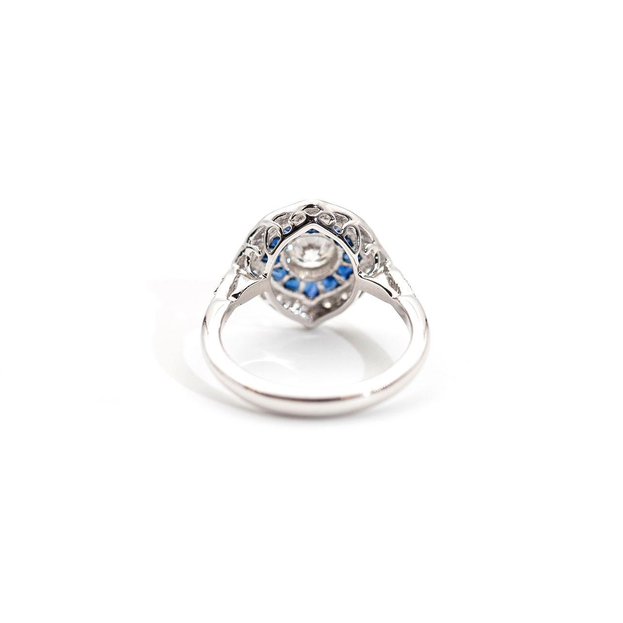 Women's 0.50 Carat Round Diamond and Blue Natural Sapphire 18 Carat White Ring