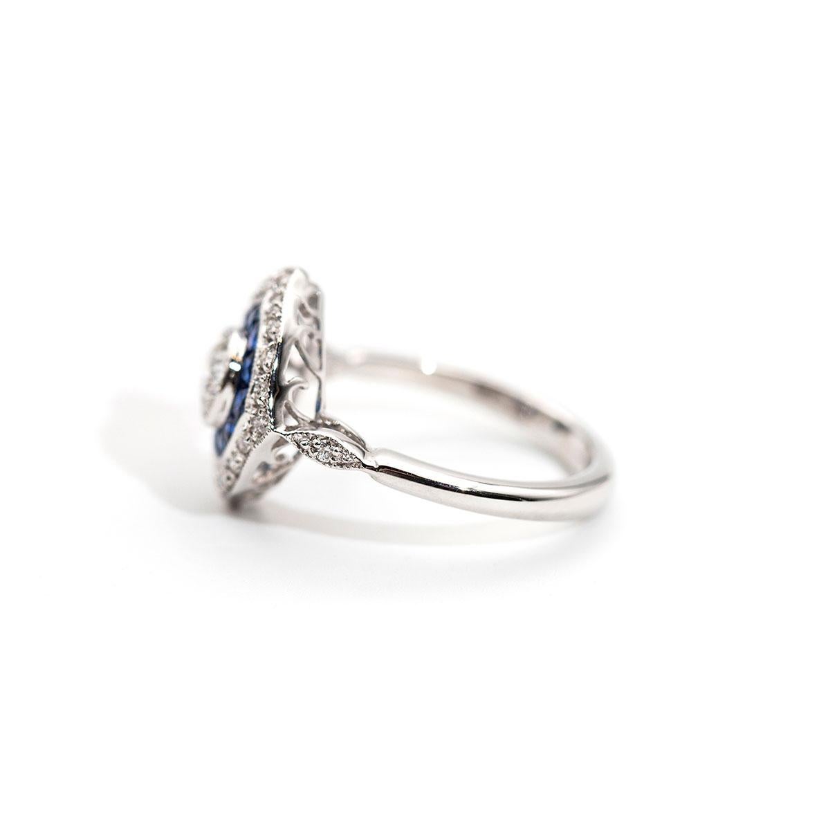 0.50 Carat Round Diamond and Blue Natural Sapphire 18 Carat White Ring 1