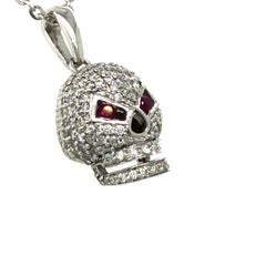 0.50 Carat Round Diamond Ruby 18 Karat White Gold Skull Pendant No Chain