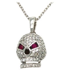 0.50 Carat Round Diamond Ruby 18 Karat White Gold Skull Pendant No Chain