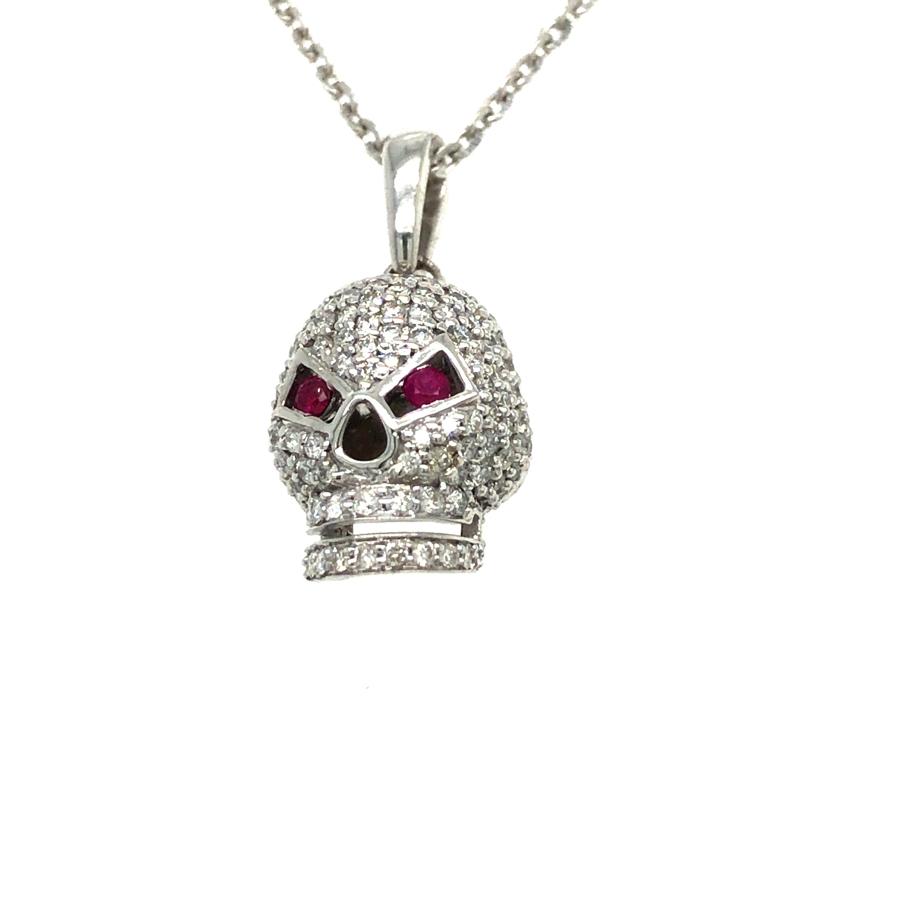 Collar Colgante Calavera Tresor 0,50 Quilates Diamante Redondo Rubí Oro Blanco 18 Kilates Moderno en venta