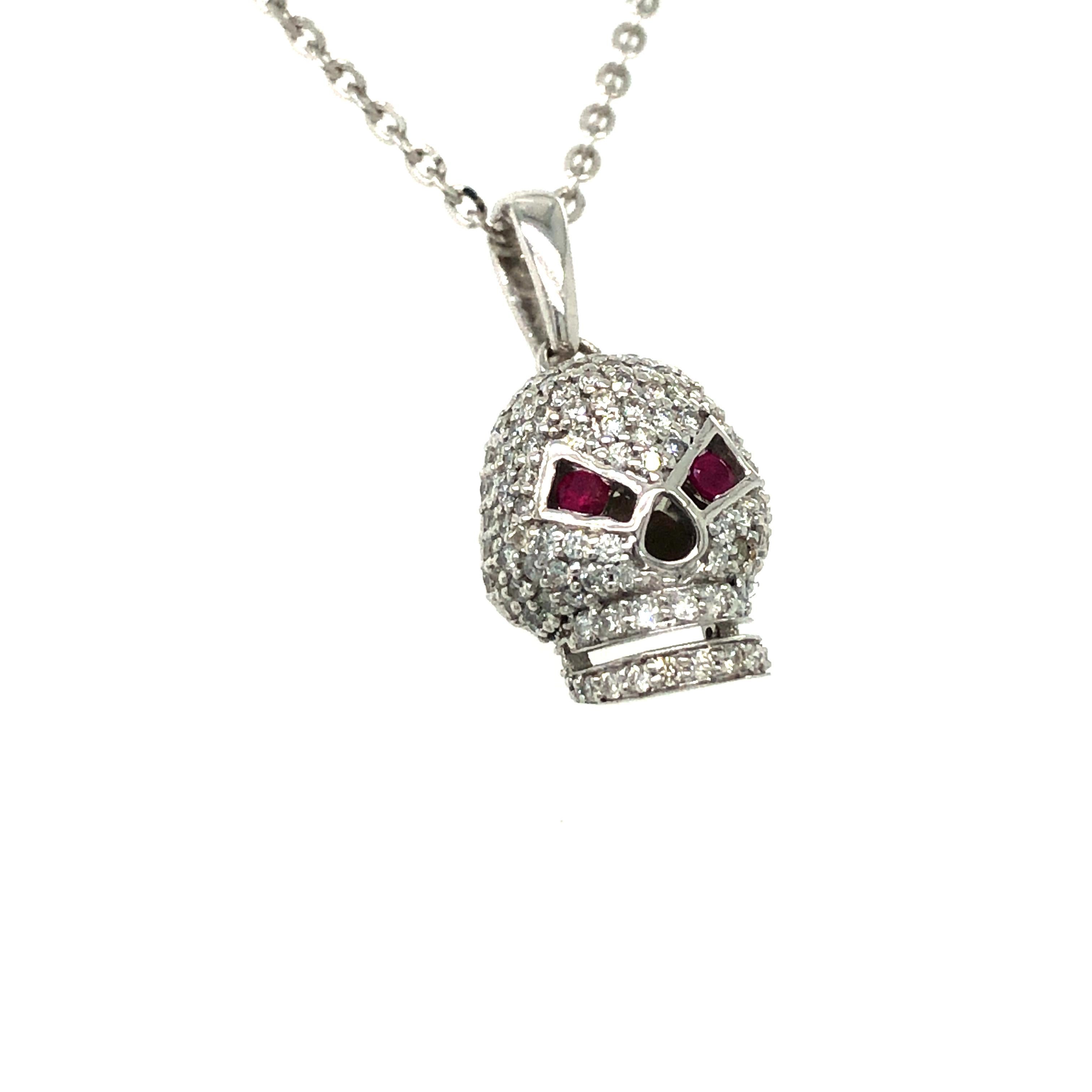 Collar Colgante Calavera Tresor 0,50 Quilates Diamante Redondo Rubí Oro Blanco 18 Kilates en venta 2