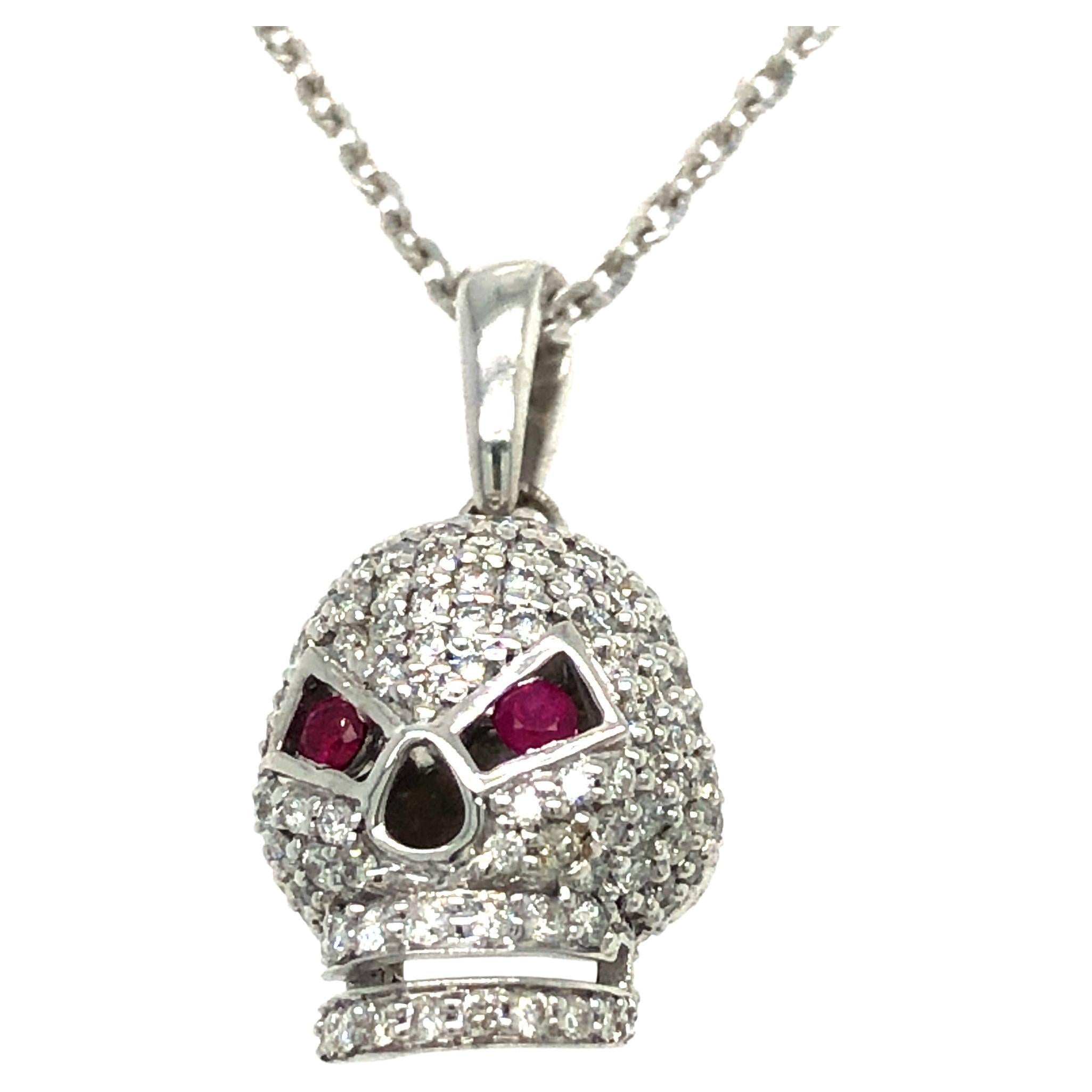 0.50 Carat Round Diamond Ruby 18 Karat White Gold Skull Tresor Pendant Necklace