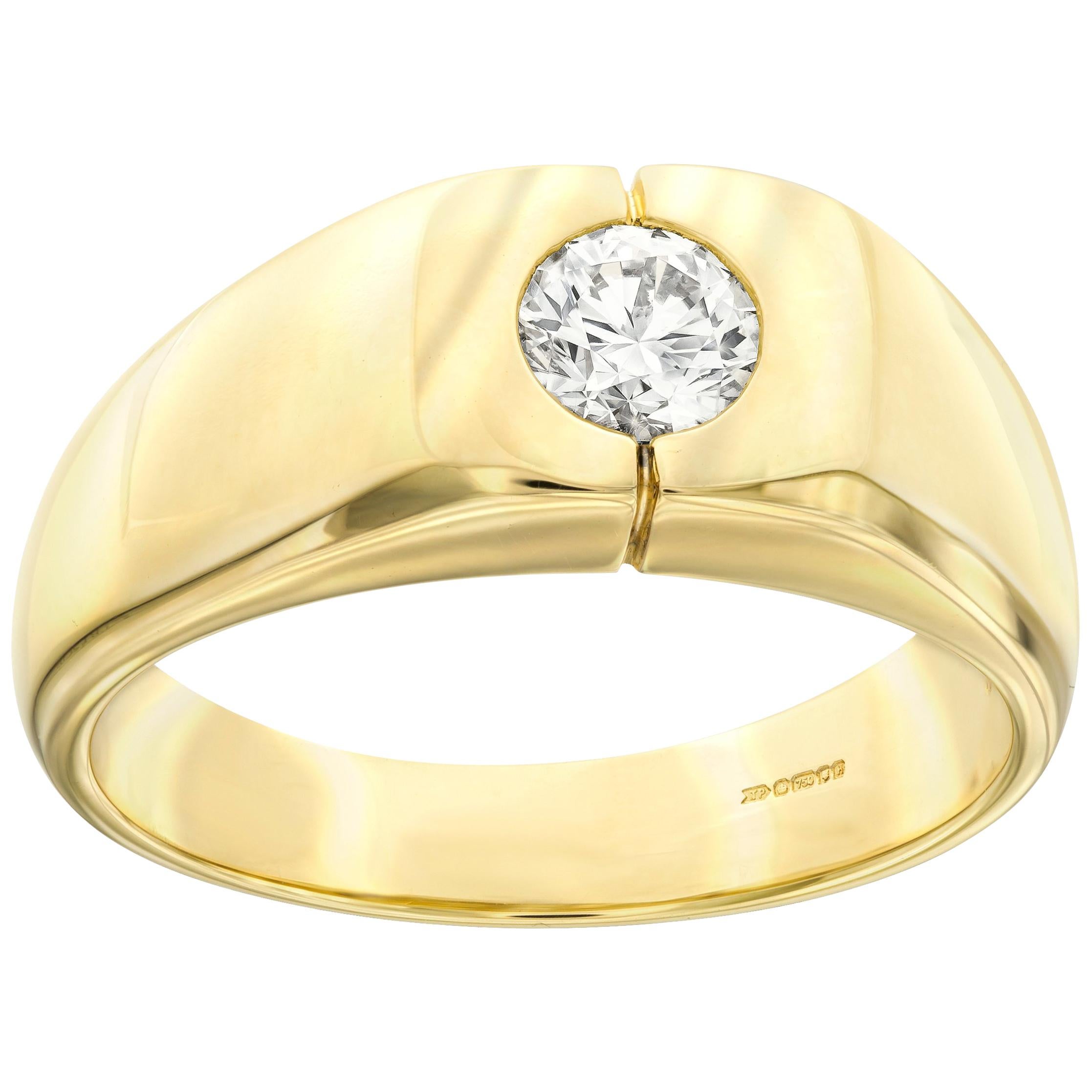 0.50 Carat Round White Diamond 18 KT Yellow Gold Tresor Paris Men's Signet Ring
