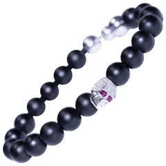 0.50 Quilates Diamante Blanco Redondo Rubí Acero Oro 18KT Calavera Ágata Negra Pulsera