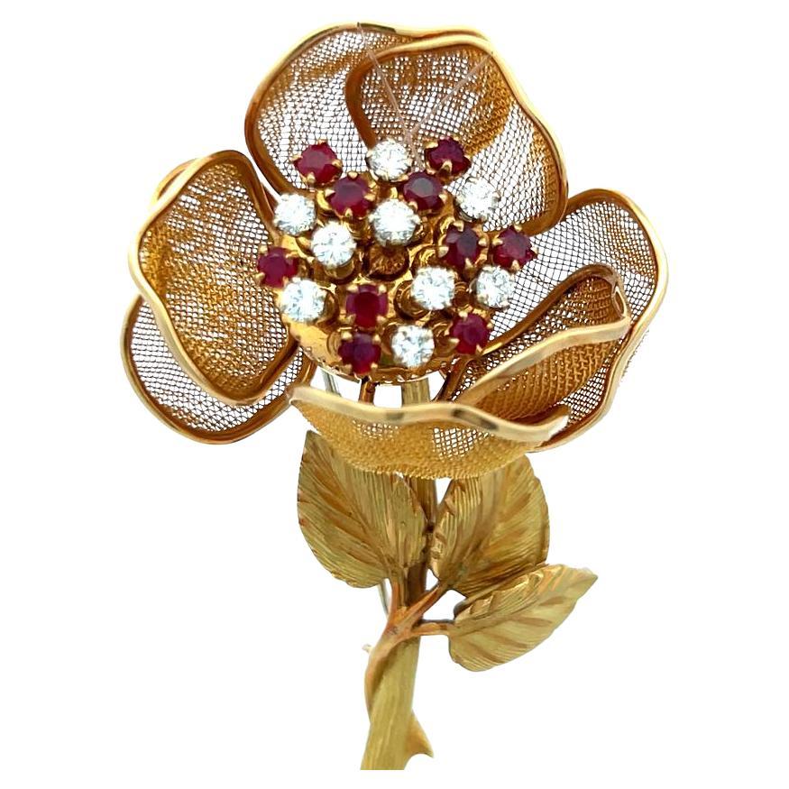 0.50 Carat Ruby 0.46 Carat Round Brilliant H SI Diamond 18K YG Pin Brooch