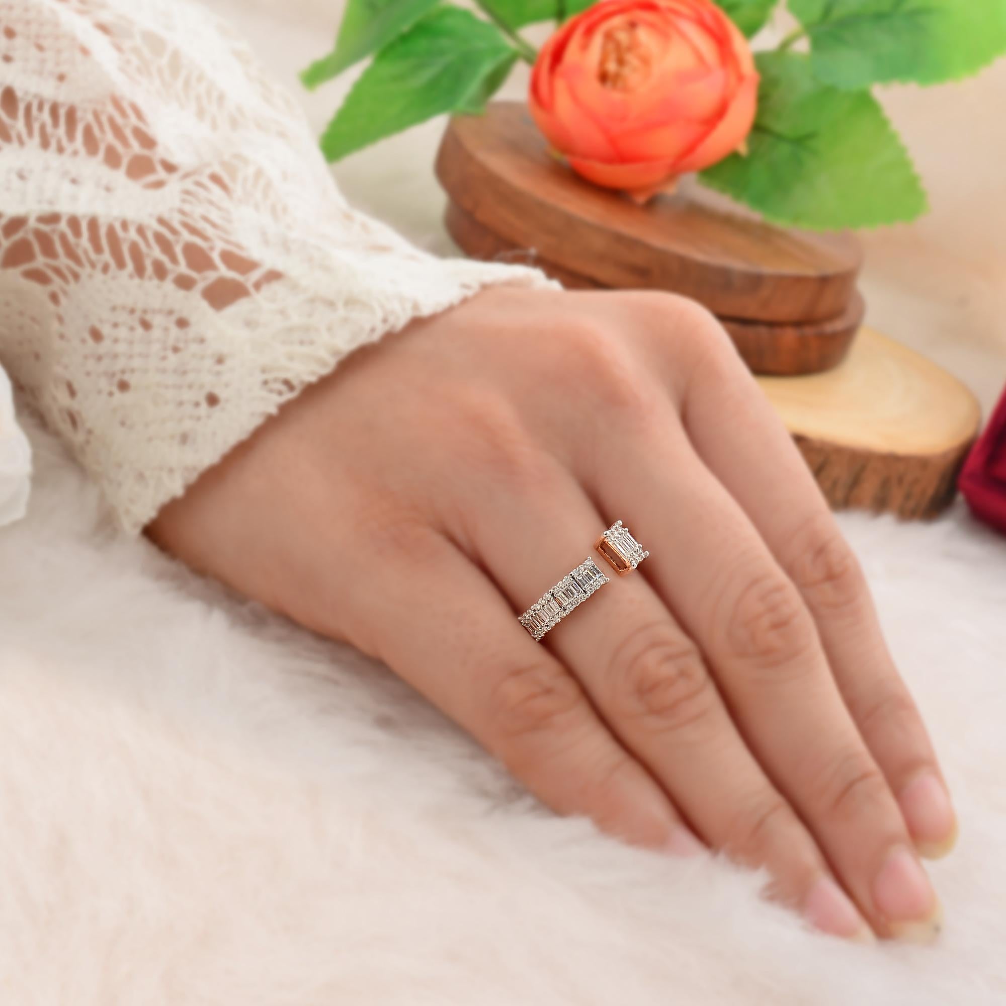 Modern 0.50 Carat SI Clarity HI Color Baguette Diamond Cuff Ring 14k Rose Gold Jewelry For Sale