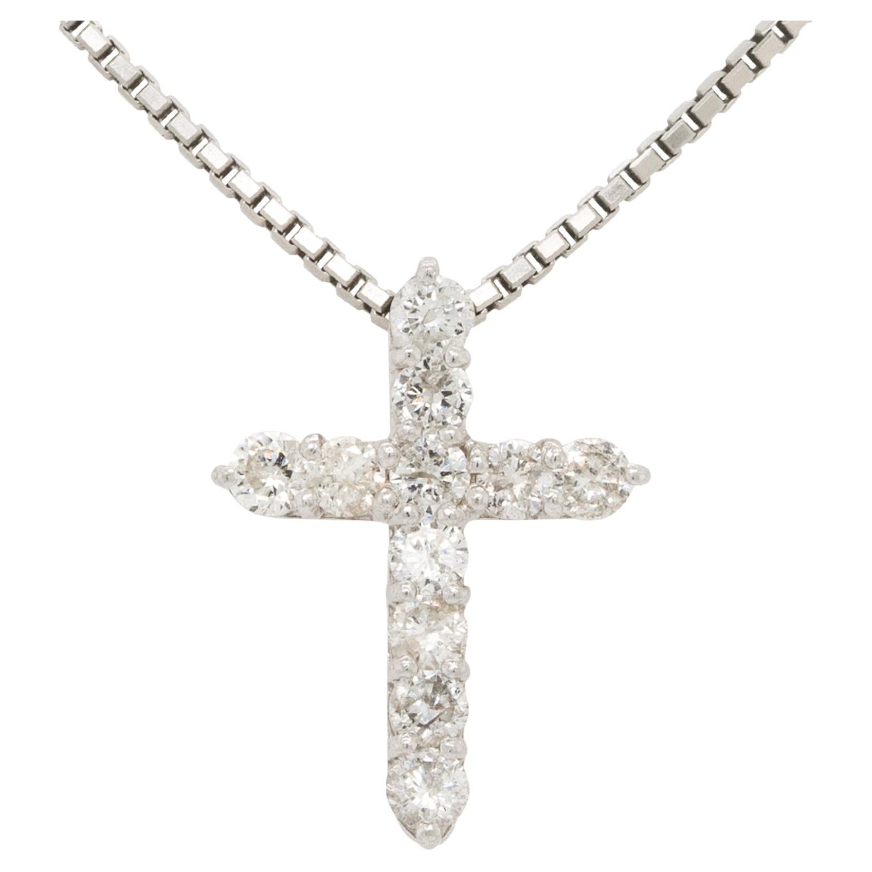 0.50 Carat Small Diamond Cross Pendant Necklace Platinum in Stock For Sale