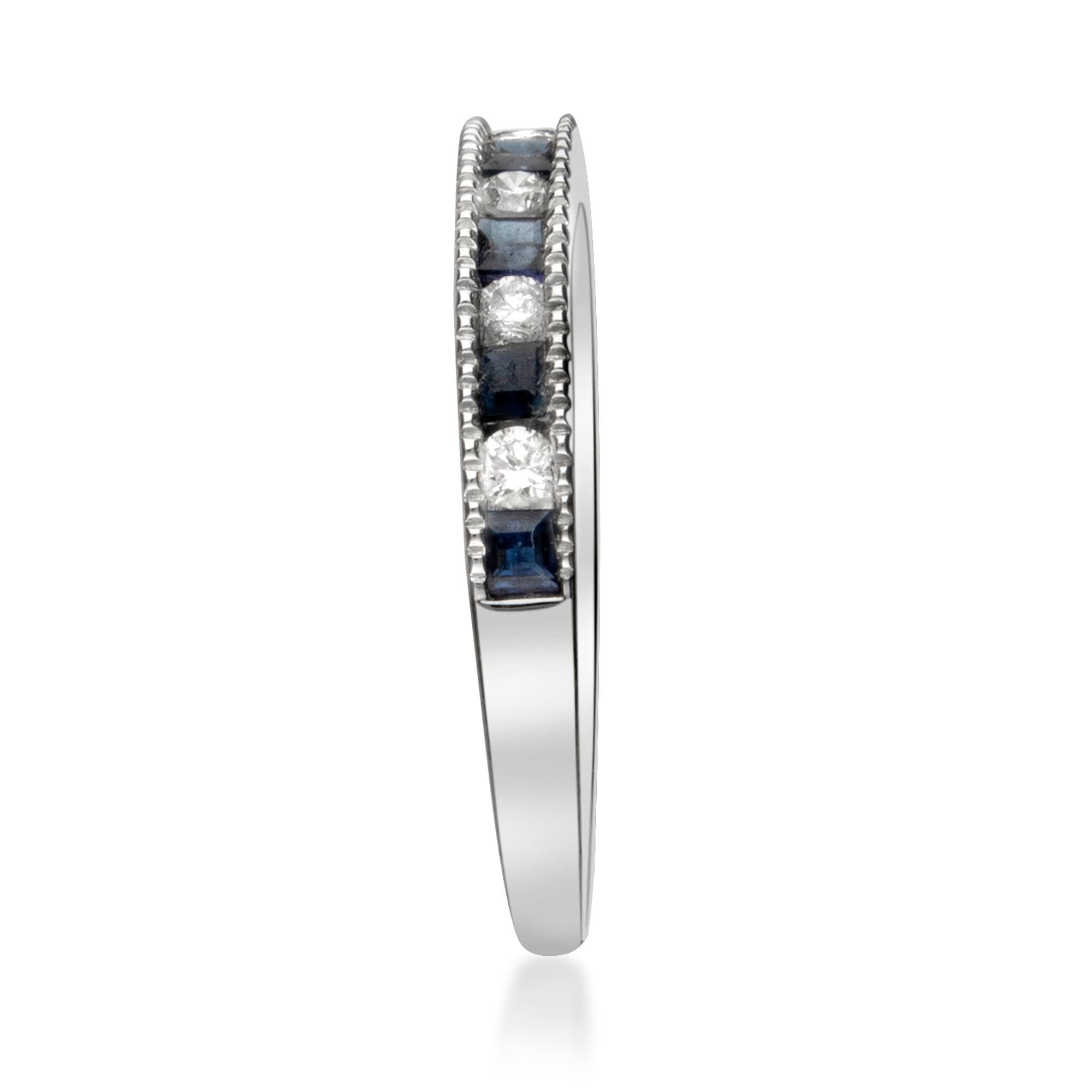 Art Deco 0.50 Carat Square-Cut Blue Sapphire Diamond Accents 14K White Gold Ring For Sale
