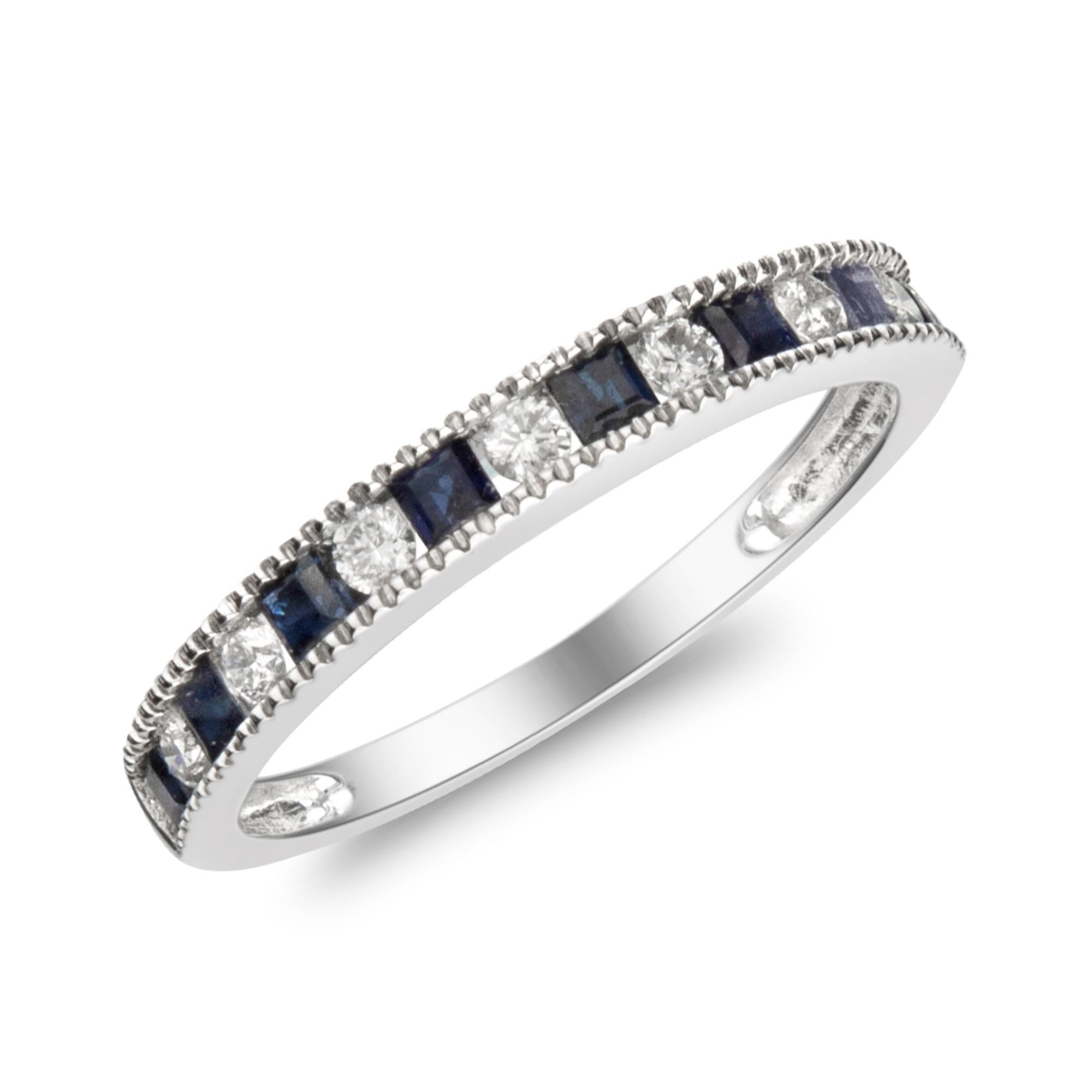 0.50 Carat Square-Cut Blue Sapphire Diamond Accents 14K White Gold Ring In New Condition For Sale In New York, NY
