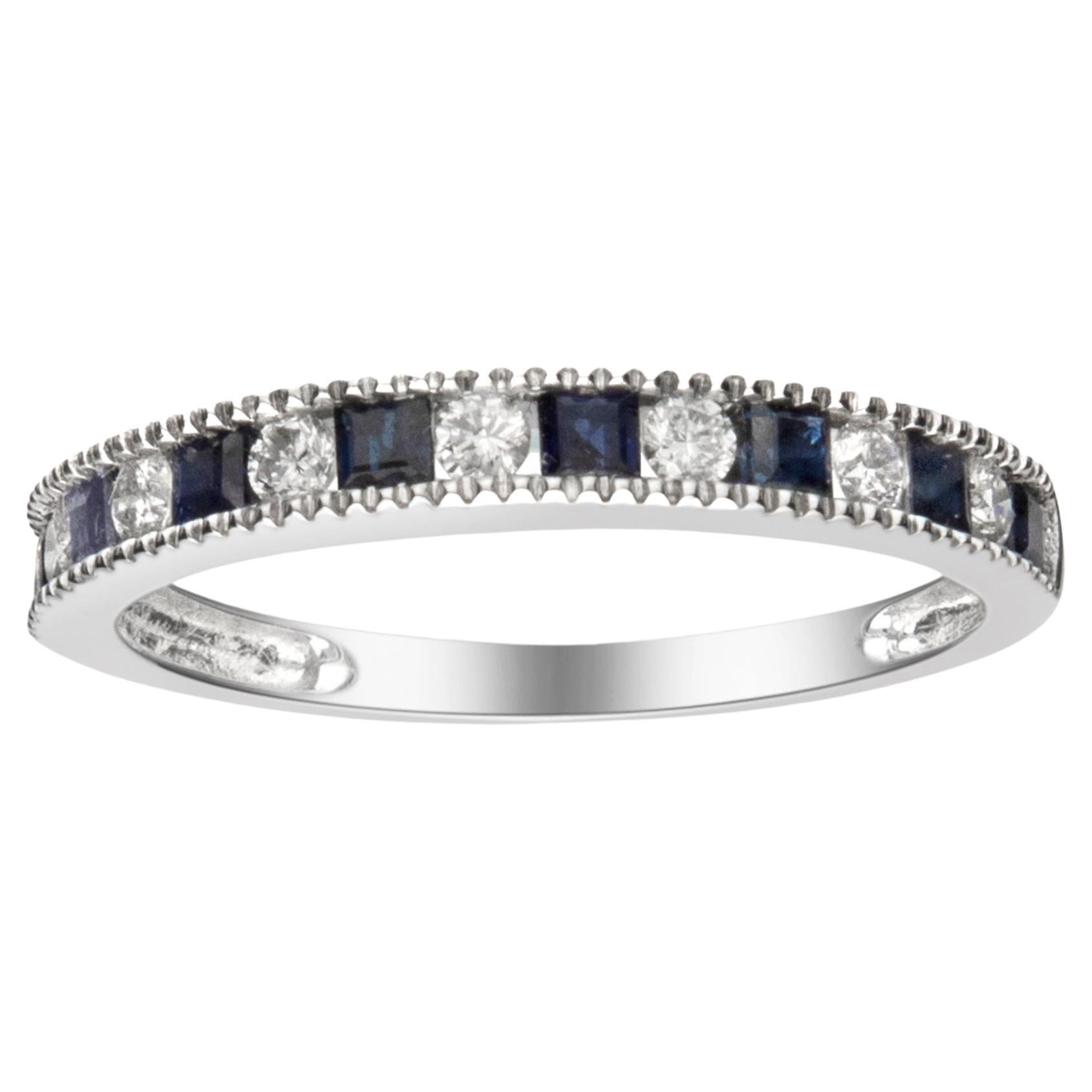 0.50 Carat Square-Cut Blue Sapphire Diamond Accents 14K White Gold Ring For Sale