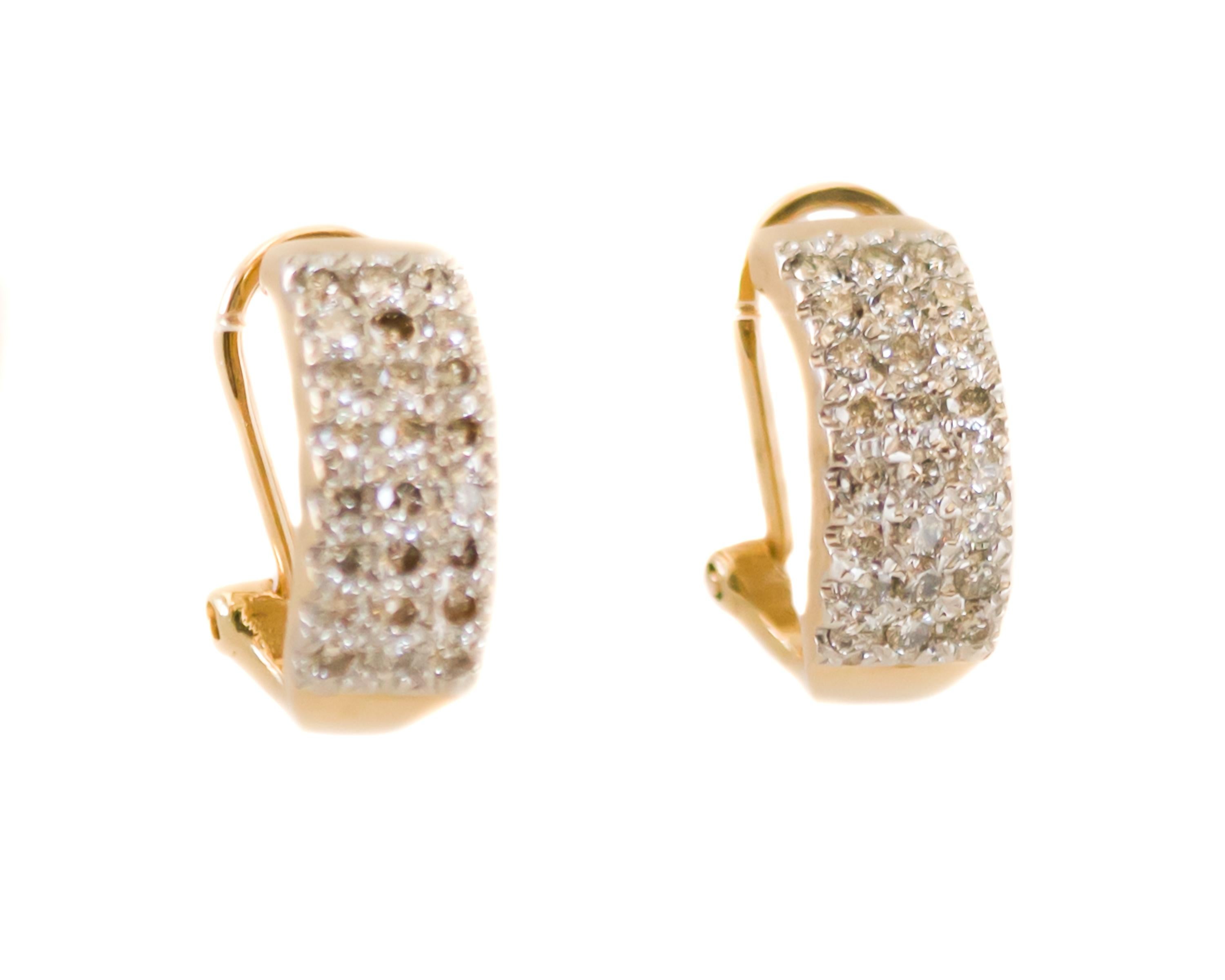 Round Cut 0.50 Carat Total Diamond and 14 Karat Gold Two-Tone Huggie Hoop Earrings For Sale