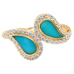0.50 Carat Turquoise 0.38 Carat SI/H Diamond Ring 18 Karat Yellow Gold Jewelry