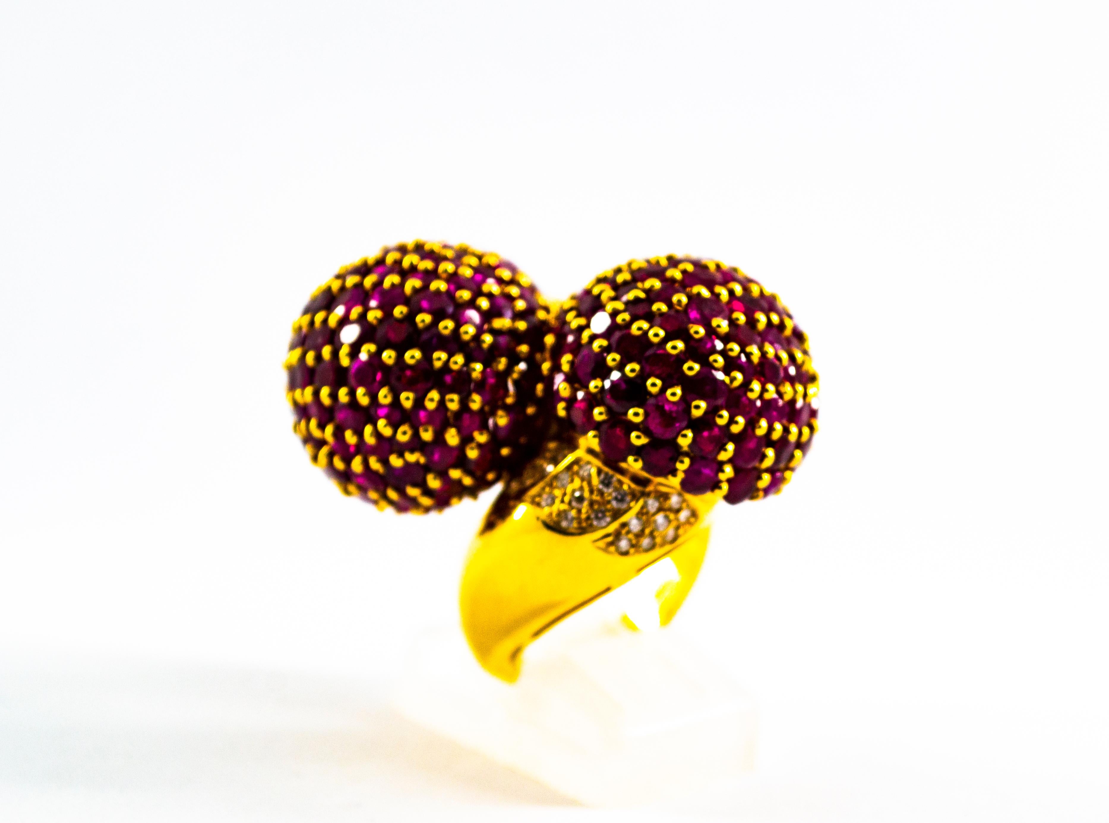 0.50 Carat White Diamond 19.60 Carat Ruby Yellow Gold Cocktail Pavé Cherry Ring In New Condition In Naples, IT