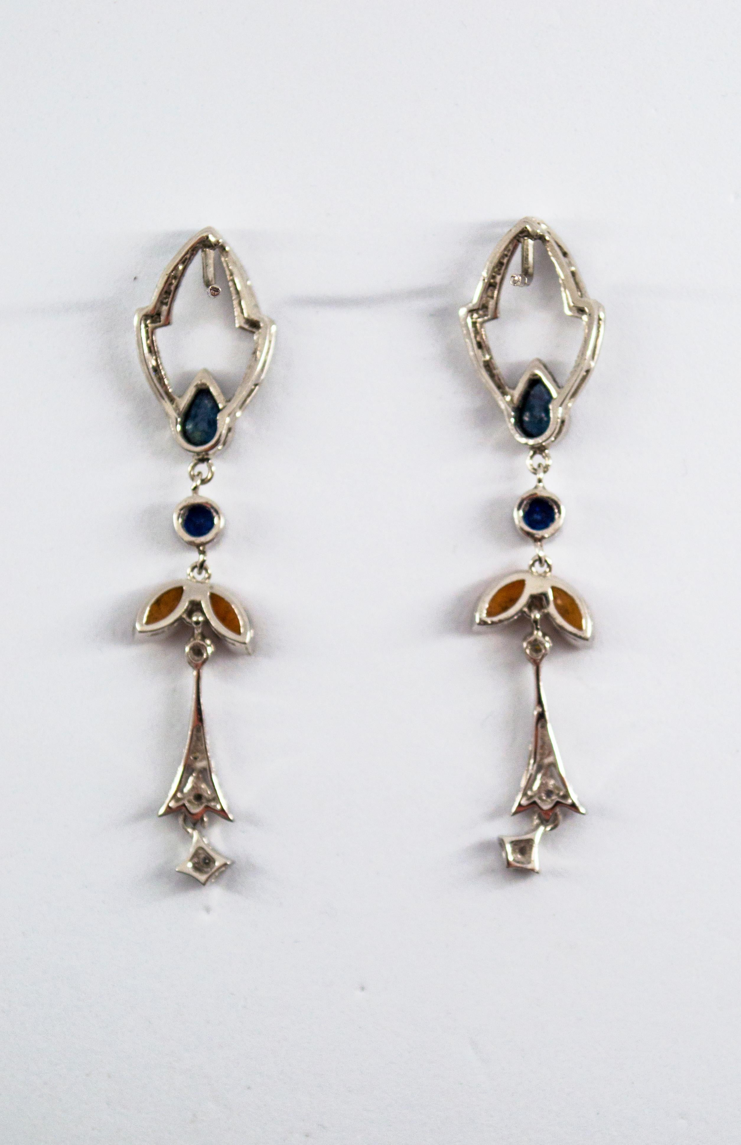 da uomo o donna Orecchini in oro bianco con diamante bianco e corallo rosa da 0,50 carati e zaffiro blu da 1,30 carati in vendita