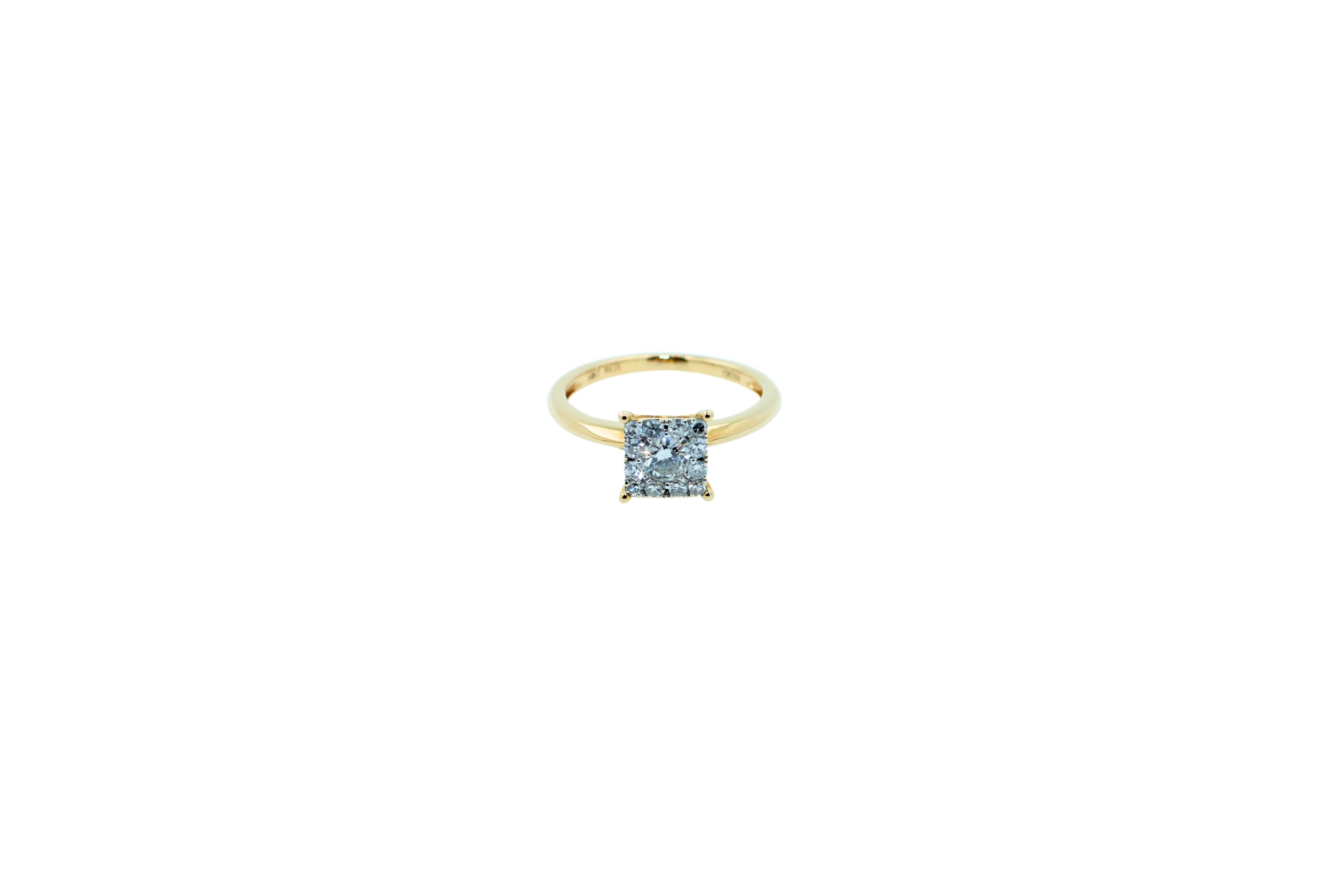 0,50 Karat Diamant Quadratischer Halo Runder Pavé-Verlobungsring aus Gelbgold