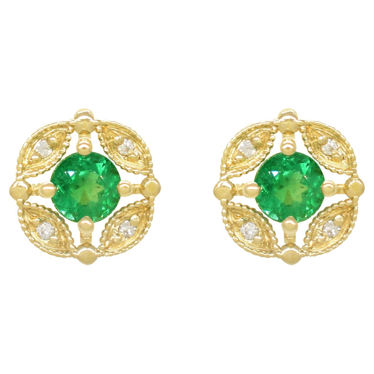 0.50 Carats Total Weight Emerald and Diamond Earrings in Solid 18K Gold 