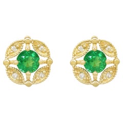 0.50 Carats Total Weight Emerald and Diamond Earrings in Solid 18K Gold 