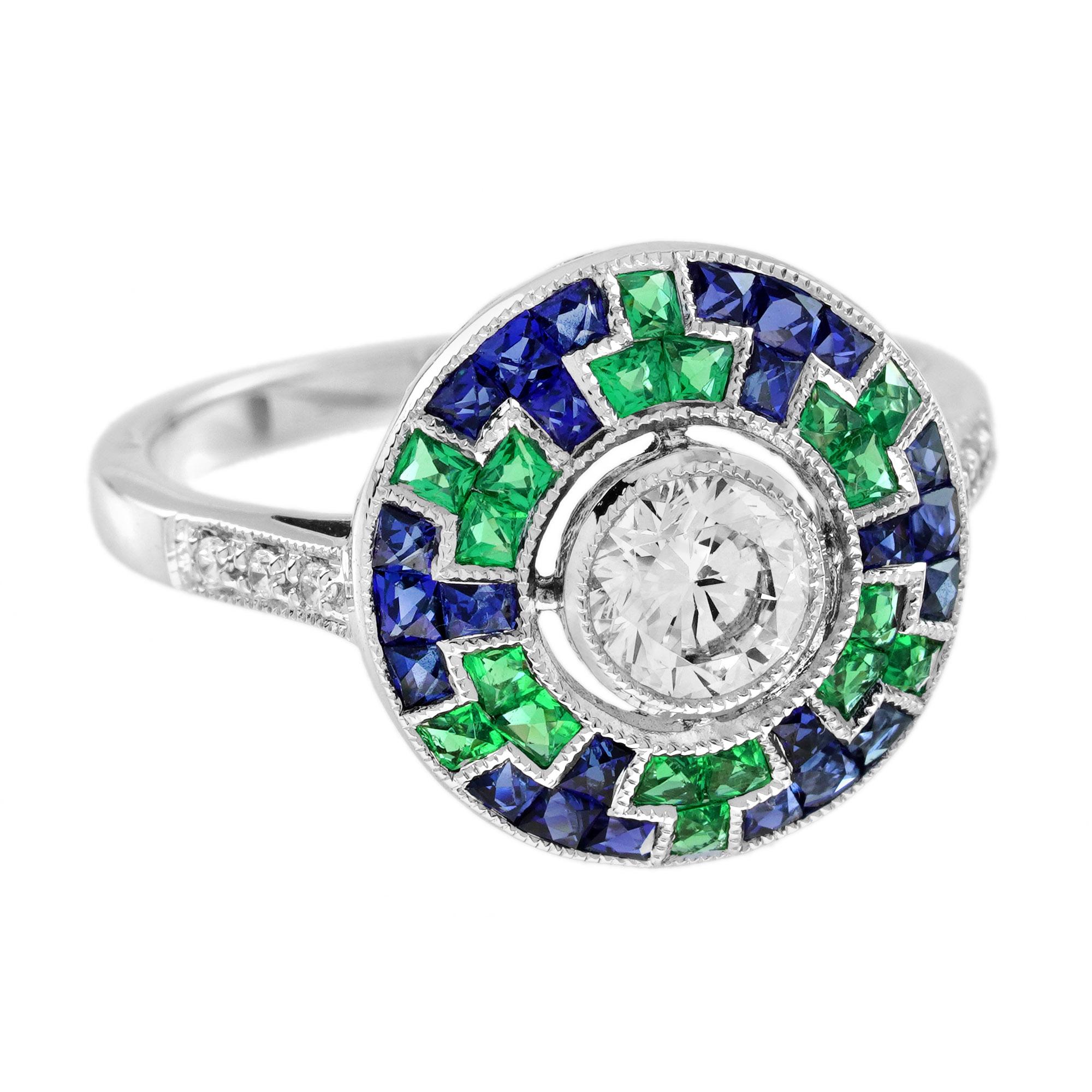 Round Cut 0.50 Ct. Diamond Blue Sapphire Emerald Art Deco Style Target Ring in 18K Gold For Sale