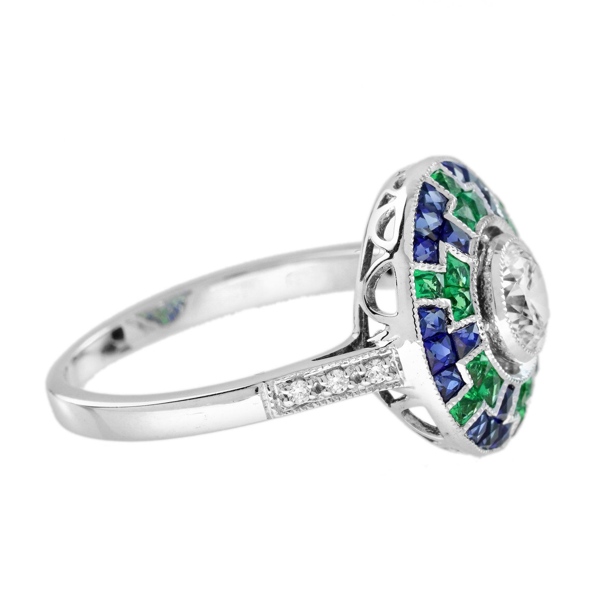 0.50 Ct. Diamond Blue Sapphire Emerald Art Deco Style Target Ring in 18K Gold In New Condition For Sale In Bangkok, TH