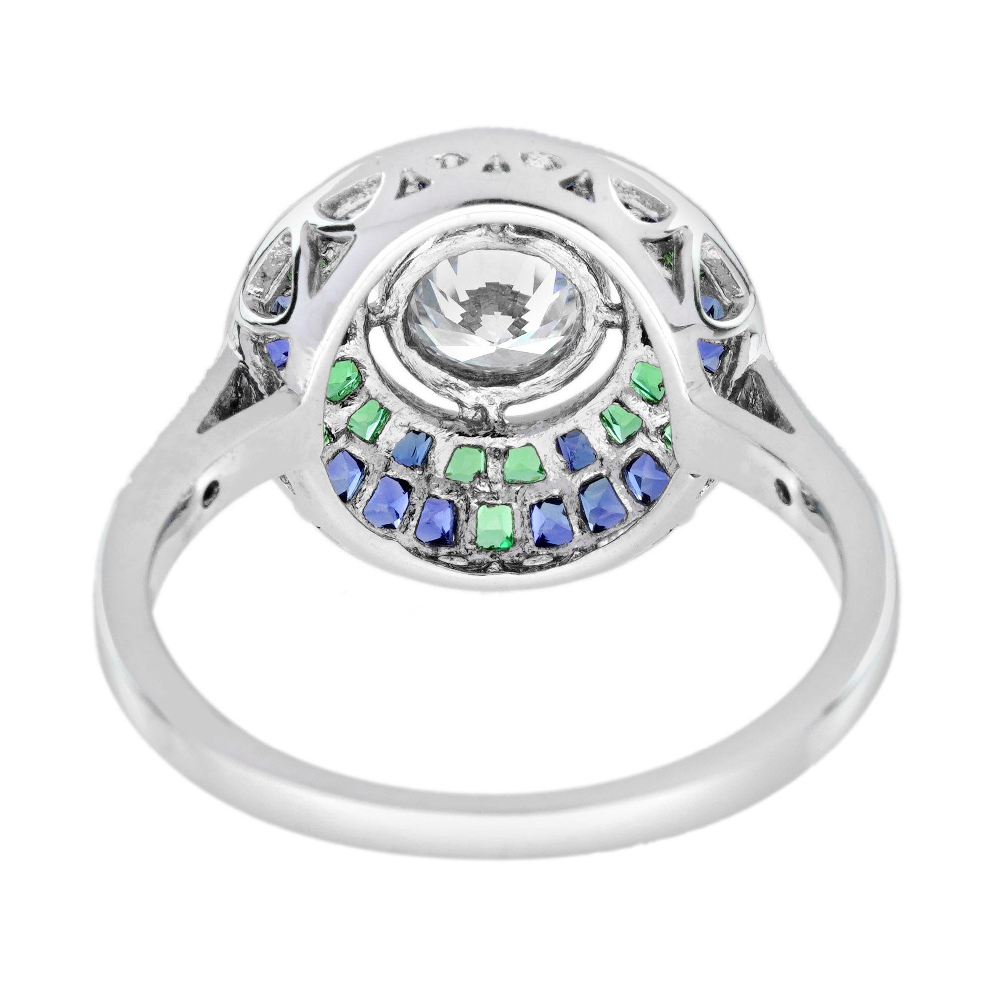 Women's 0.50 Ct. Diamond Blue Sapphire Emerald Art Deco Style Target Ring in 18K Gold For Sale