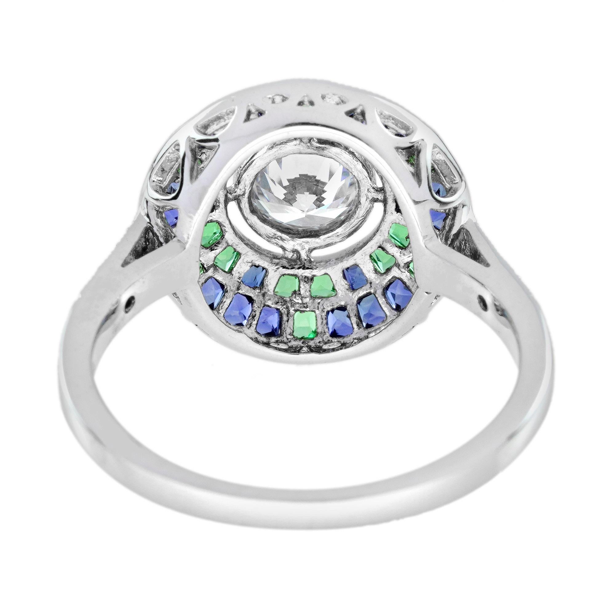 0,50 Ct. Diamant Blauer Saphir Smaragd Art Deco Stil Target Ring in 18K Gold mit Diamanten im Zustand „Neu“ im Angebot in Bangkok, TH