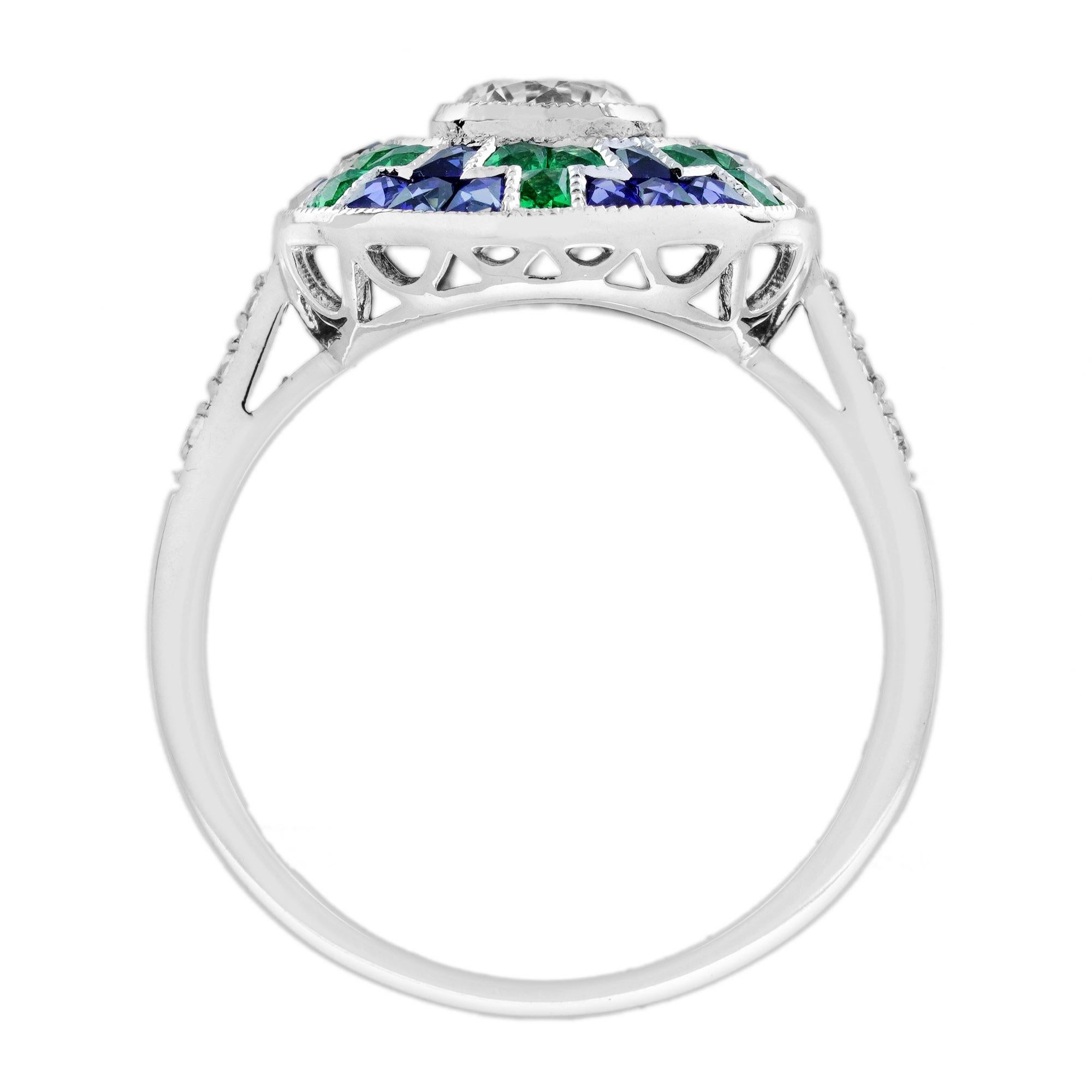 0.50 Ct. Diamond Blue Sapphire Emerald Art Deco Style Target Ring in 18K Gold For Sale 1