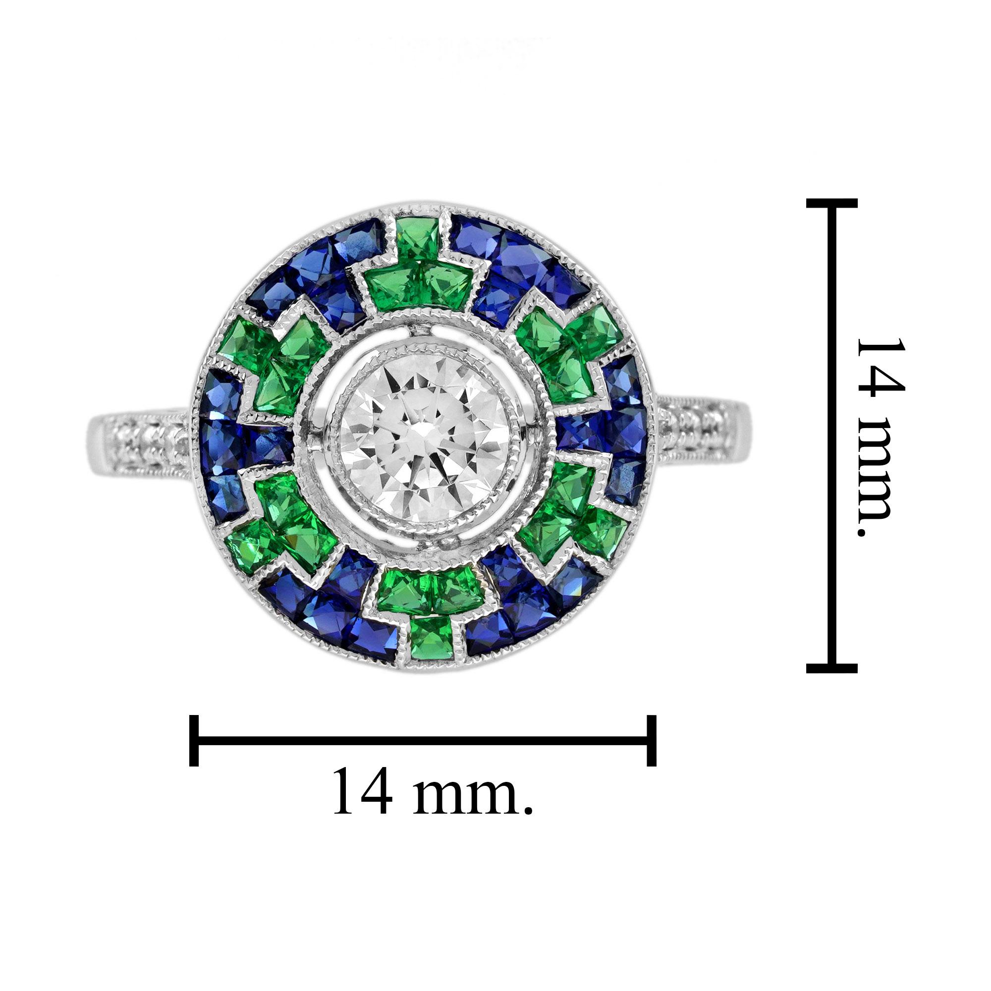 0.50 Ct. Diamond Blue Sapphire Emerald Art Deco Style Target Ring in 18K Gold For Sale 2