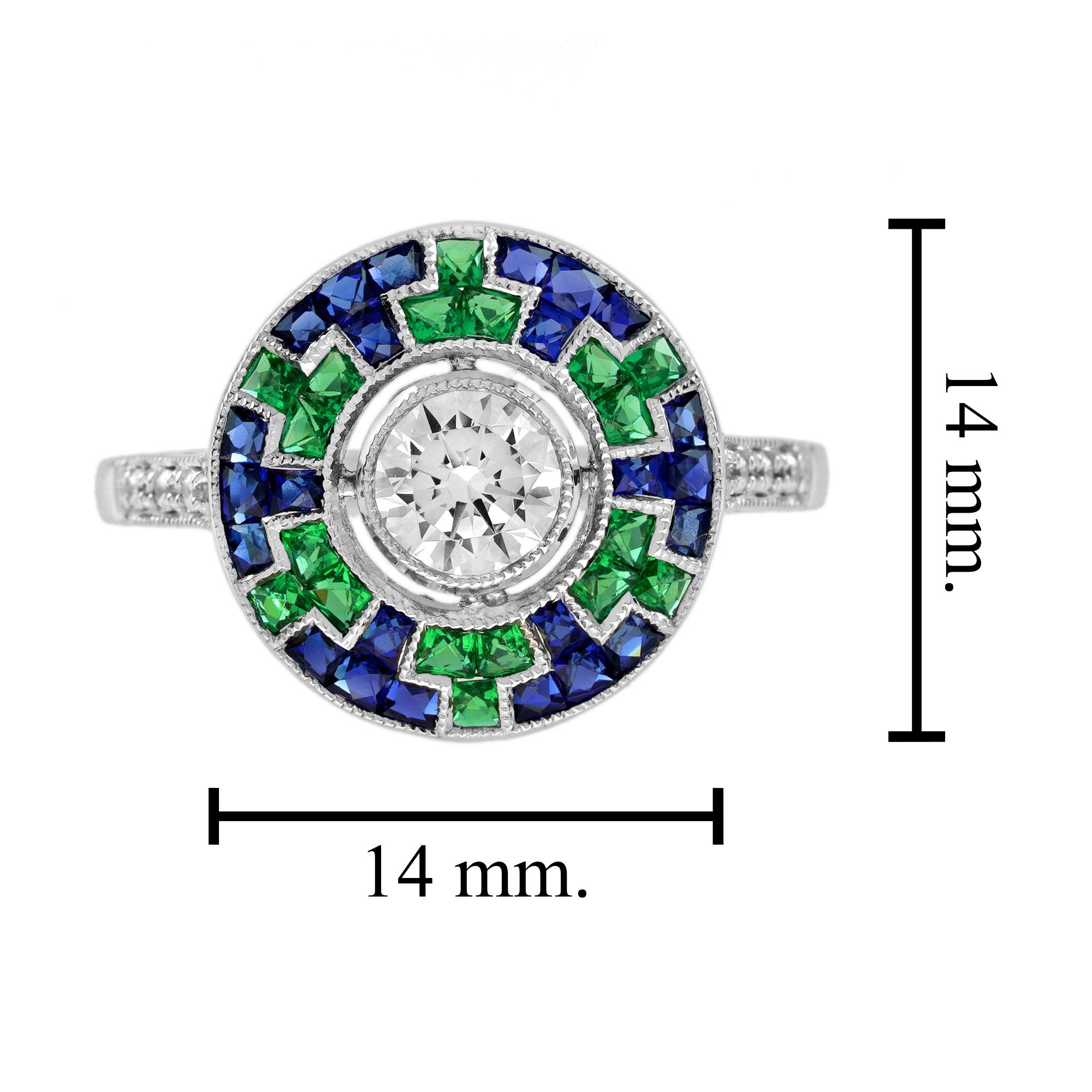 0,50 Ct. Diamant Blauer Saphir Smaragd Art Deco Stil Target Ring in 18K Gold mit Diamanten im Angebot 1