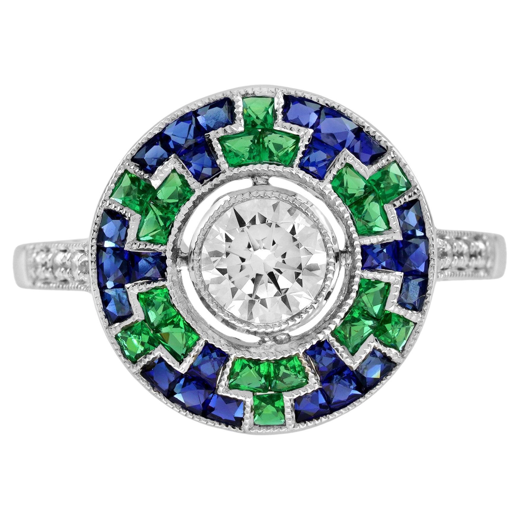 0.50 Ct. Diamond Blue Sapphire Emerald Art Deco Style Target Ring in 18K Gold For Sale