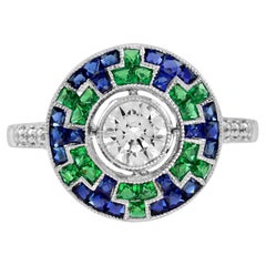 0.50 Ct. Diamond Blue Sapphire Emerald Art Deco Style Target Ring in 18K Gold