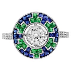 0,50 Ct. Anello Target in stile Art Deco con diamante, zaffiro blu e smeraldo in oro 18 carati