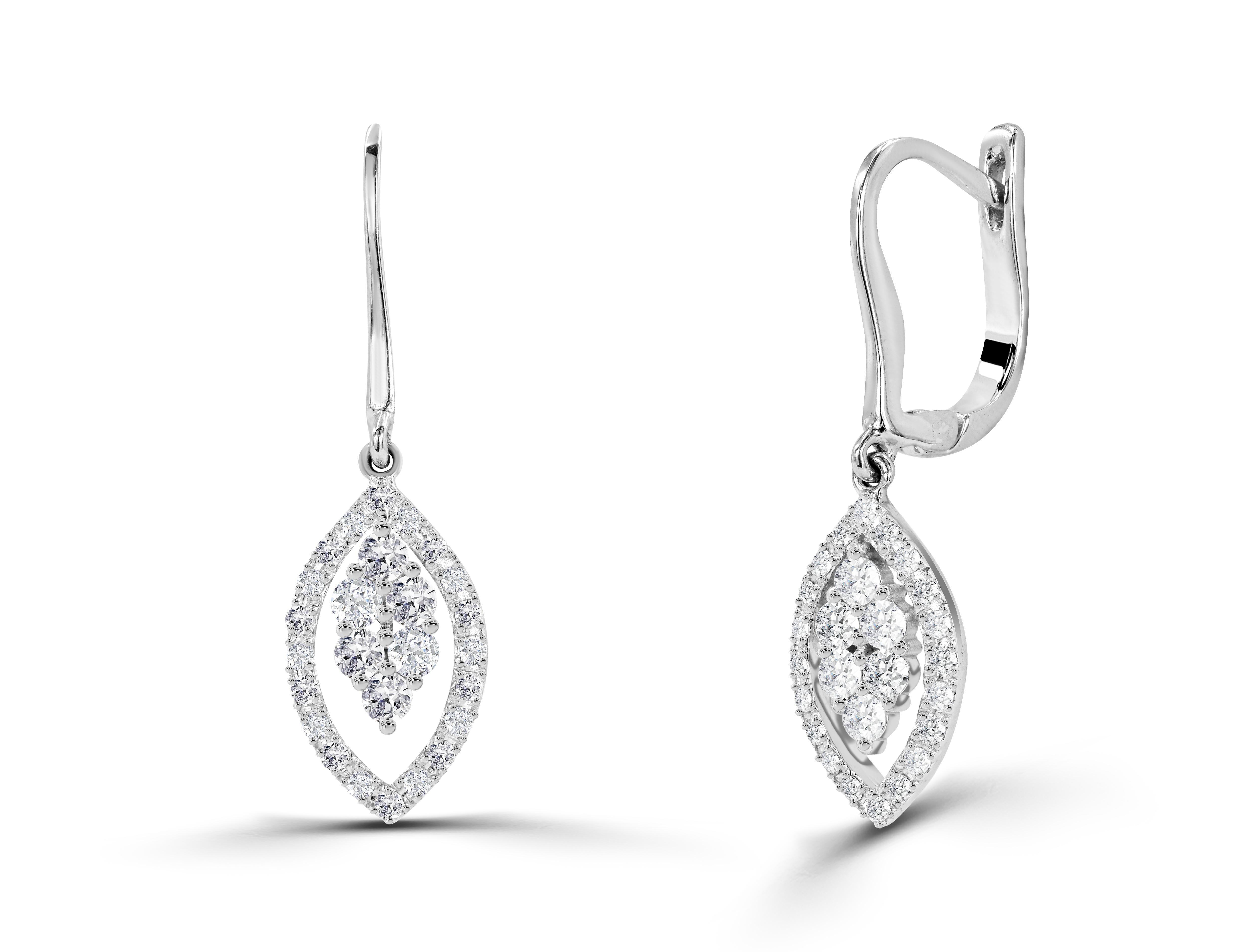 Round Cut 0.50ct Diamond Marquise Shaped Drop Earrings in 14k Gold For Sale