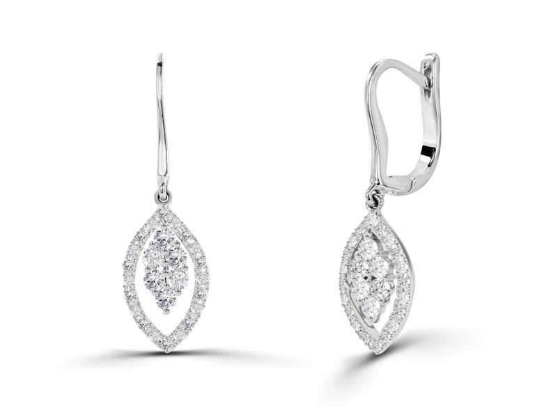 Boucles D'oreilles Pendantes Femme - Forme Marquise En Or Blanc 18kt (750) Avec Diamants - Neuf