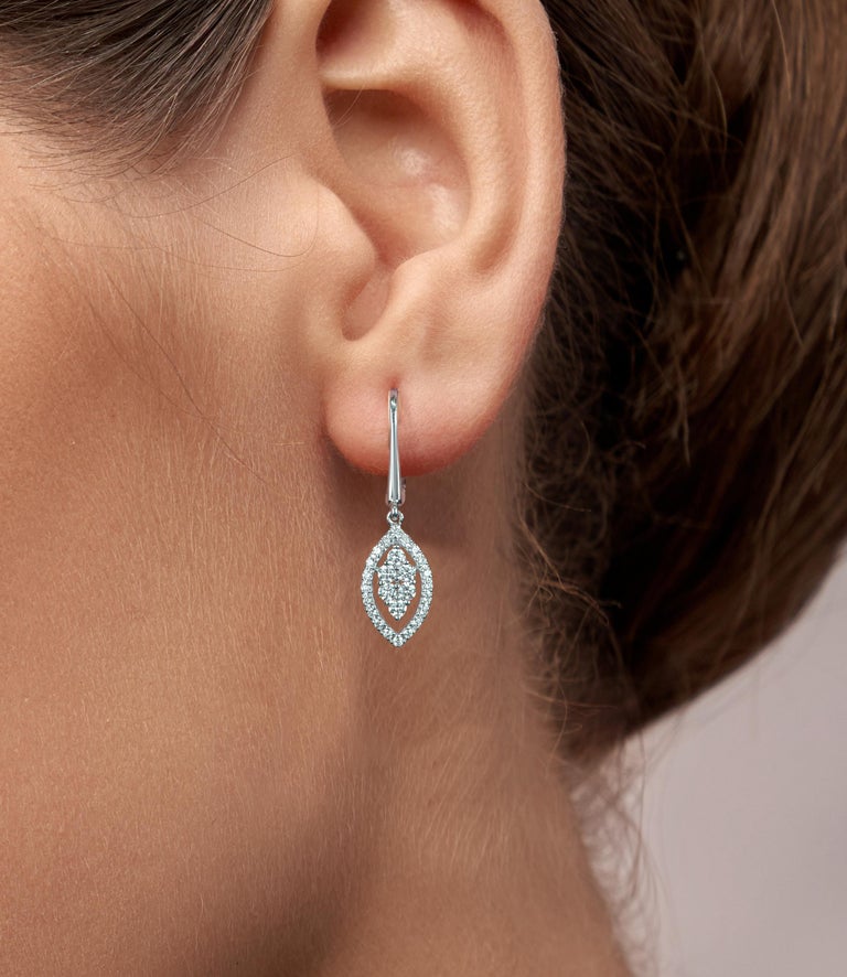 Boucles D'oreilles Pendantes En Or Blanc 18kt - Forme Marquise Avec Diamants - Idéales Pour Mariage Ou Cadeau