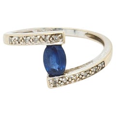 0.50 CT Oval Shape Natural Sapphire Vintage Ring Solid 14k White Gold