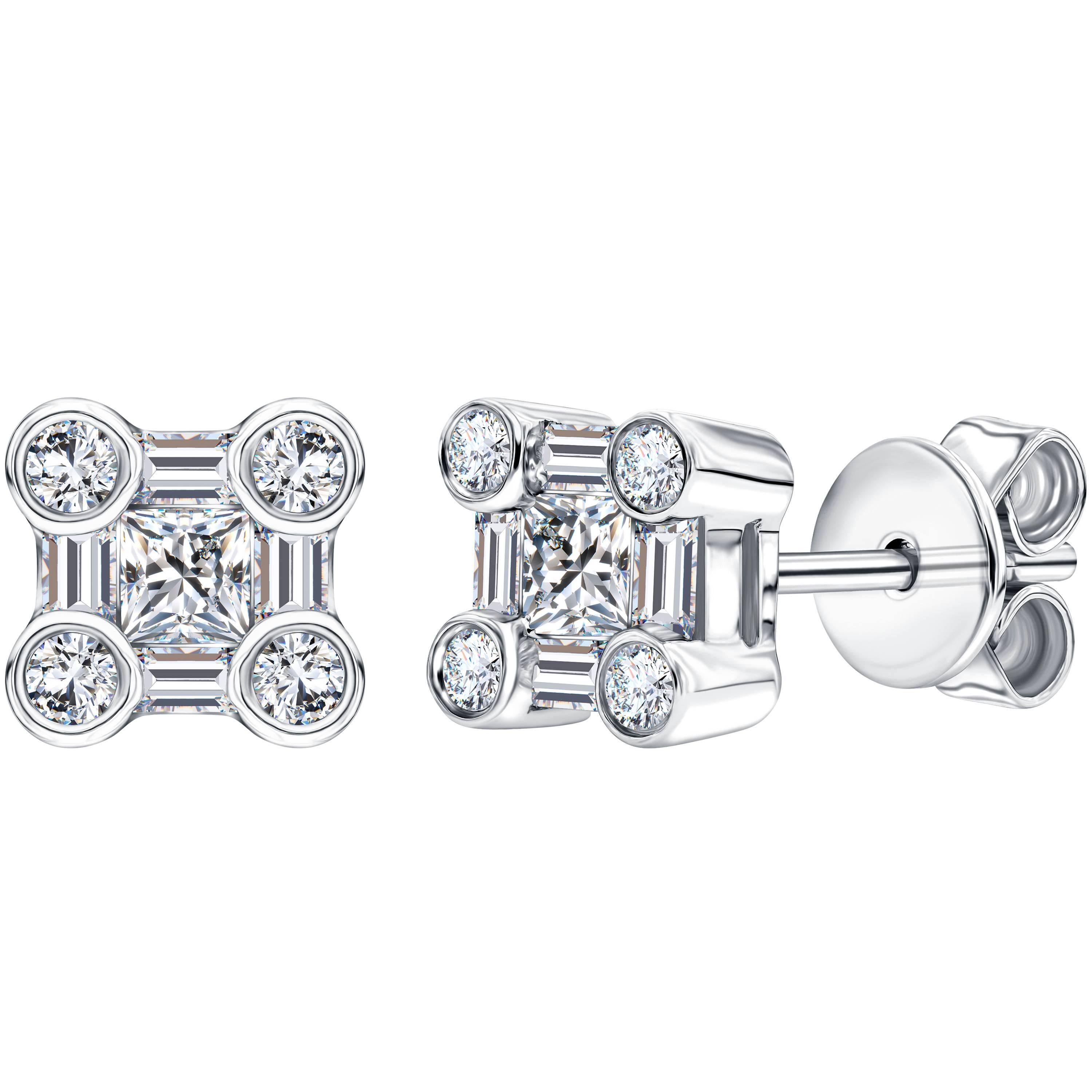 Diamond 0.50 CT Round Baguette Princess Cut 18KT White Gold Stud Earrings For Sale