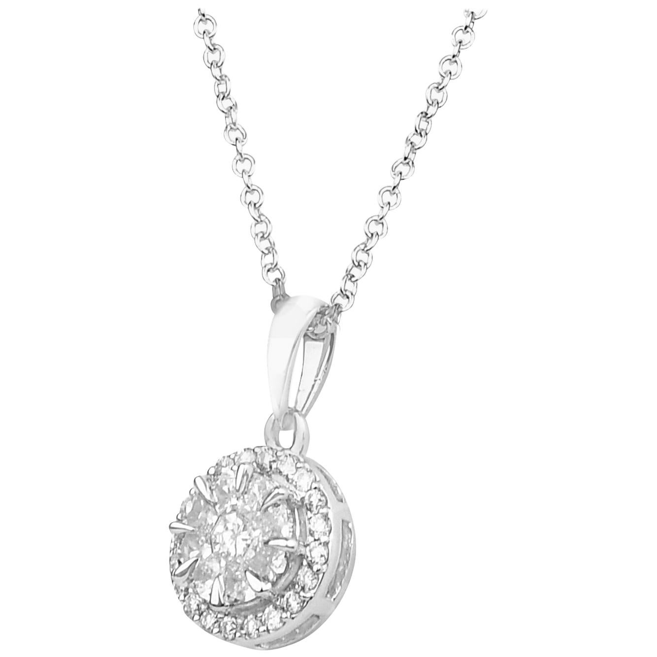 0.50 Carat Halo Certified Diamond Fashion Pendant Necklace in 14 Karat White For Sale