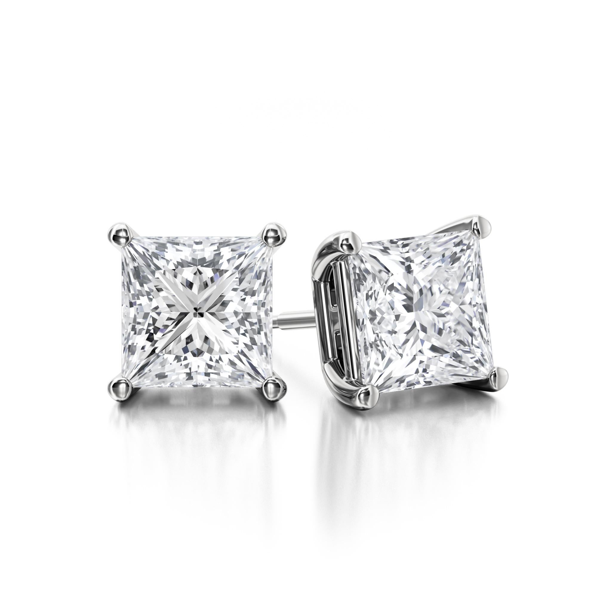 Classic Four Prong Princess Cut Diamond Stud Earrings, featuring:
✧ 2 natural diamonds G-H color SI1-SI2 weighing 0.50 carats+
✧ Measurements: 3.25mm*3.25mm
✧ Available in 14K White Gold
✧ Push back friction closure
✧ Free appraisal included with