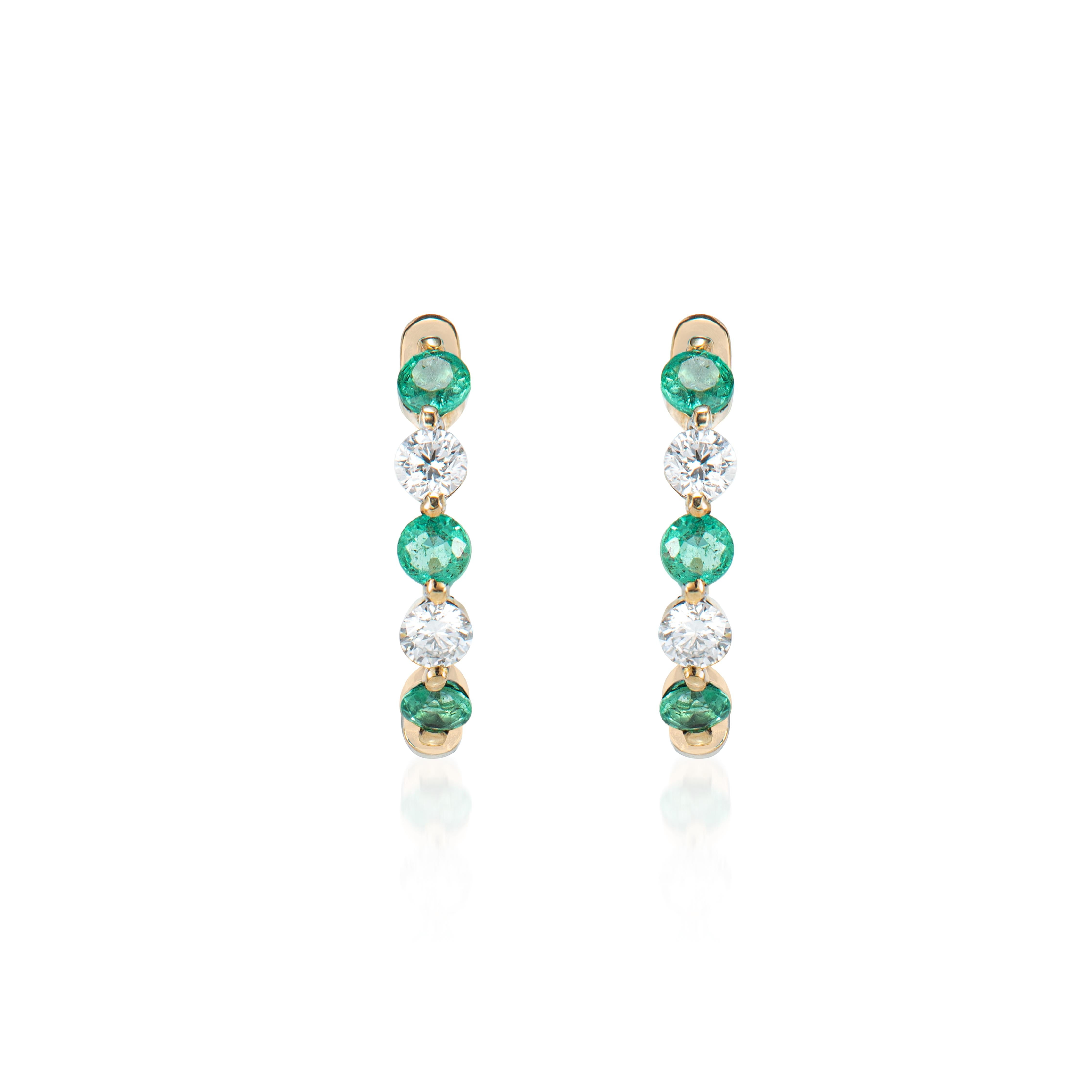 Contemporary 0.502 Carat Emerald Hoop Earrings in 14 Karat Yellow Gold with White Diamond For Sale